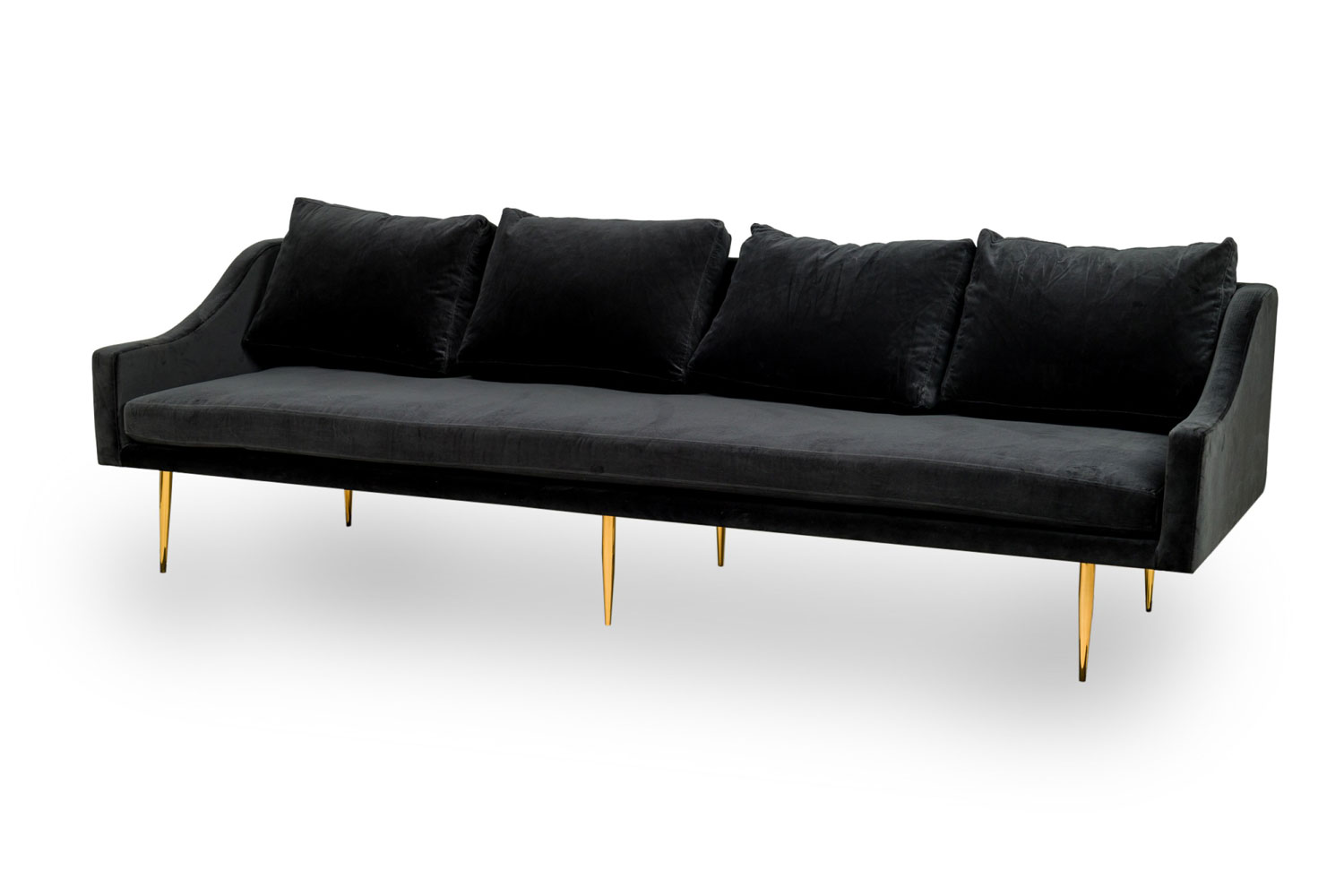 Contemporary modern charcoal gray velvet and polished bronze sofa