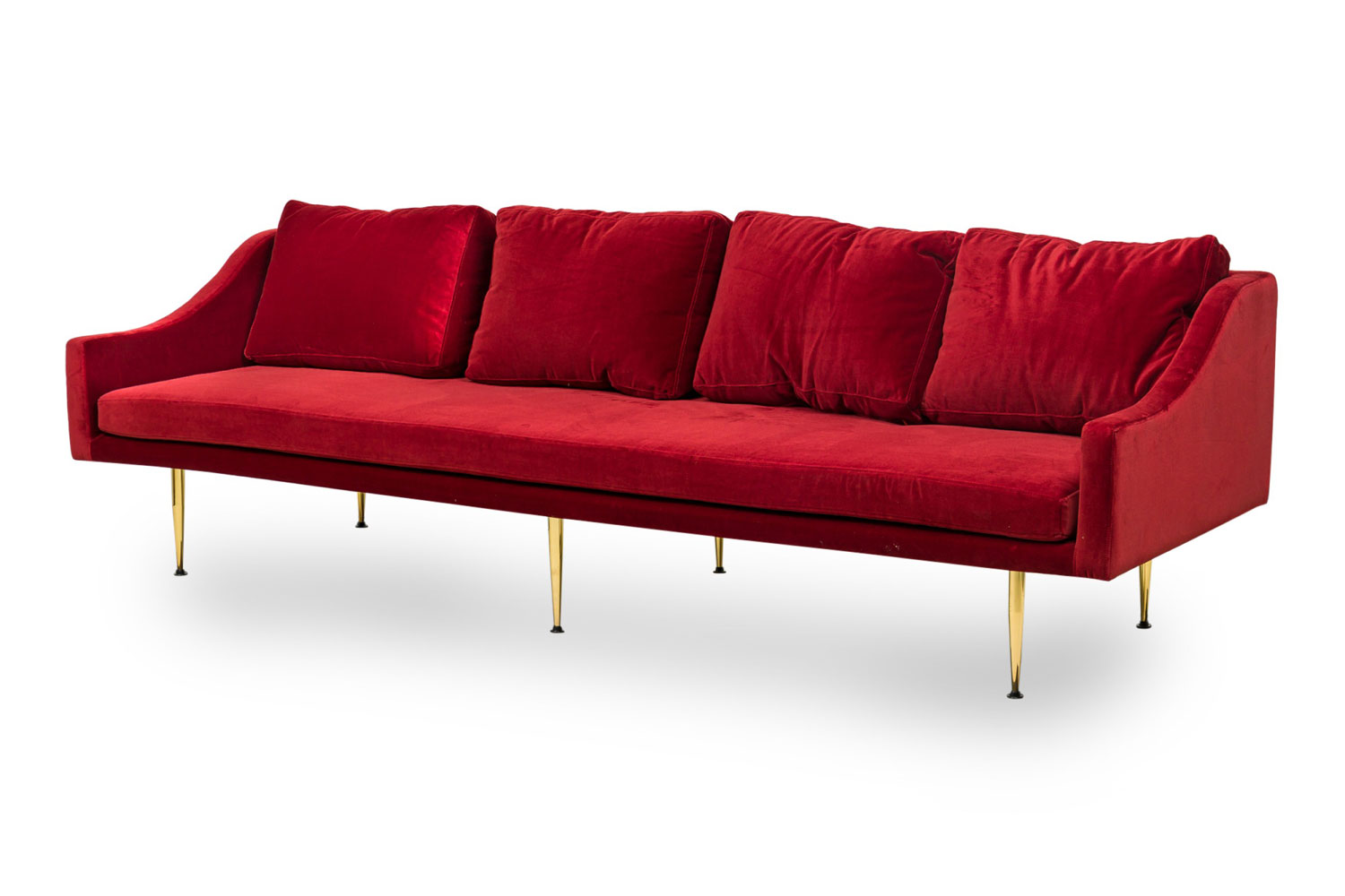 Contemporary modern charcoal dark red velvet and polished bronze sofa