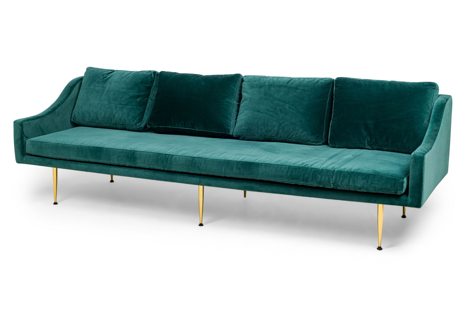 Contemporary modern charcoal dark sea green velvet and polished bronze sofa