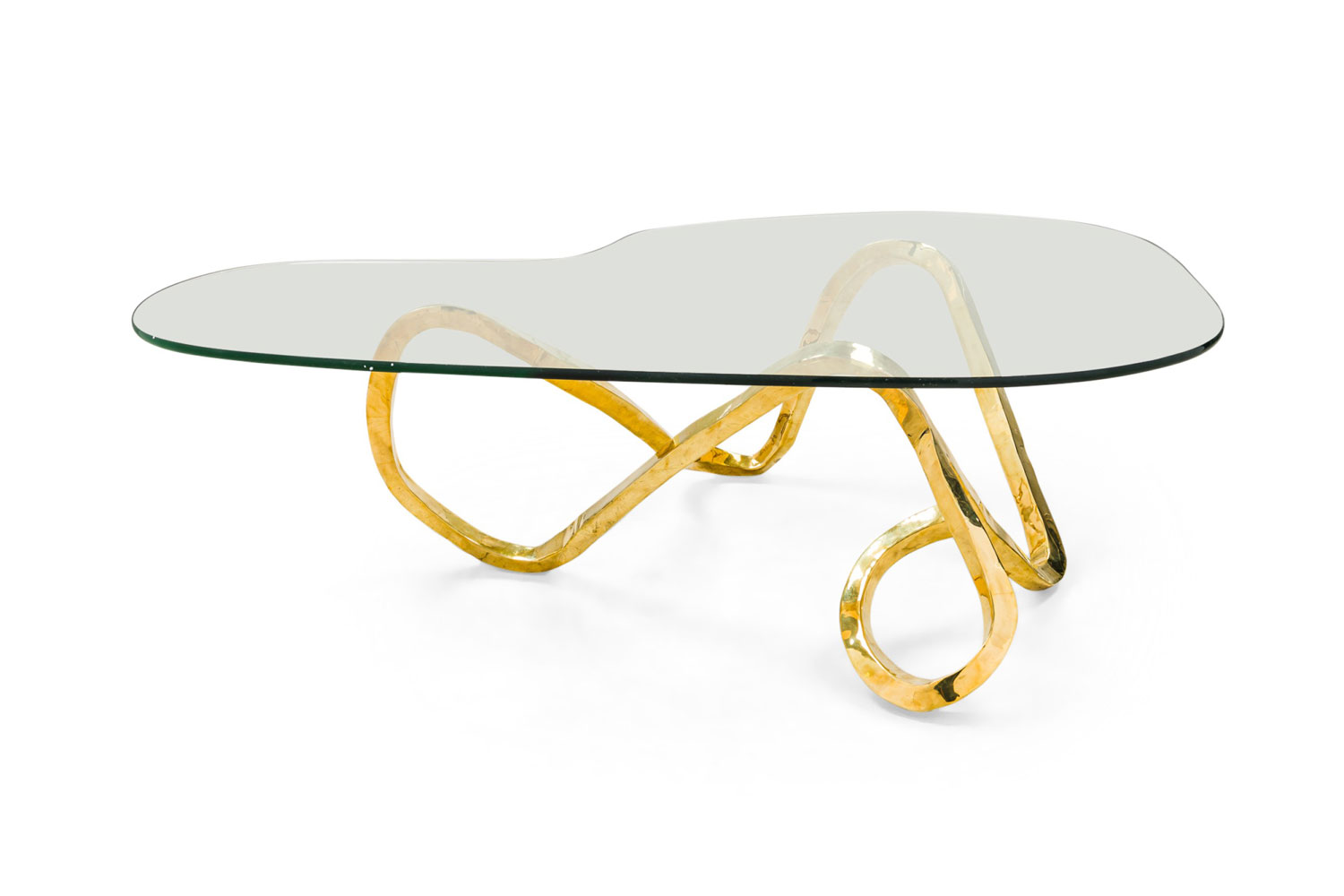 Contemporary modern organic loop design polished bronze and glass coffee tables by newel modern