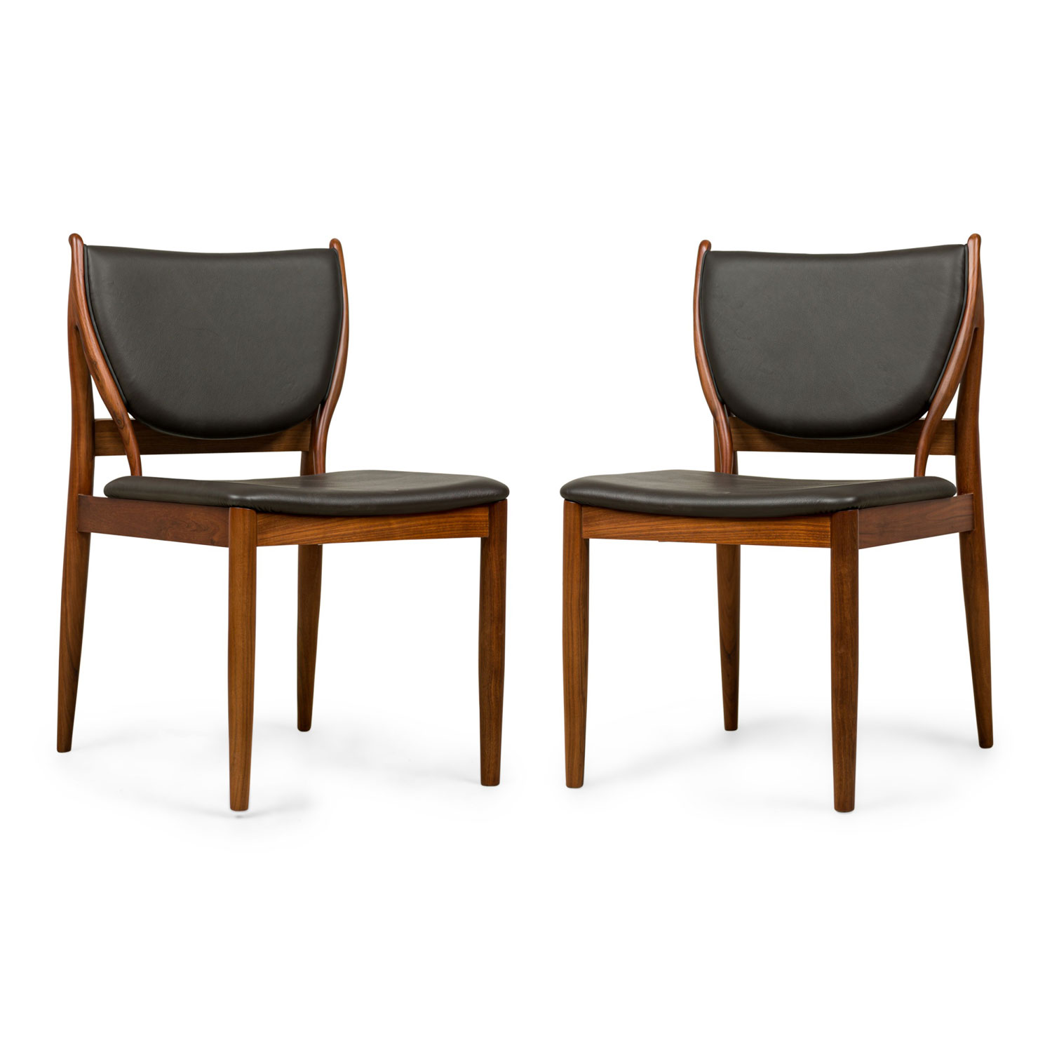 Contemporary modern walnut and dark olive leather dining side chairs