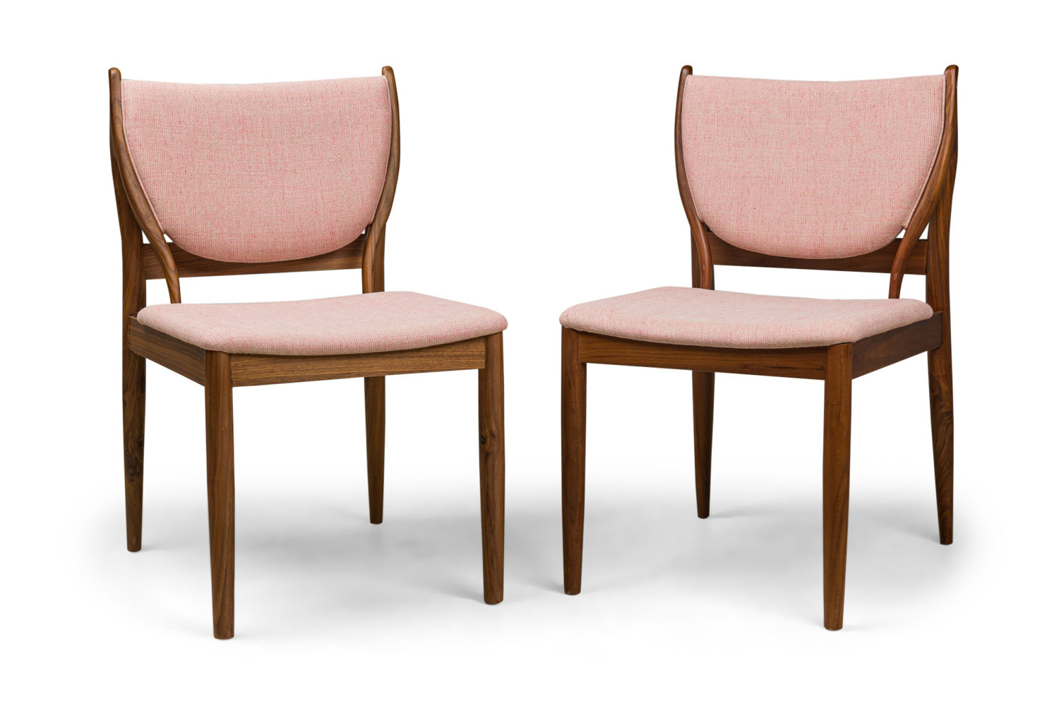 Contemporary modern walnut and rose pink upholstered dining side chairs