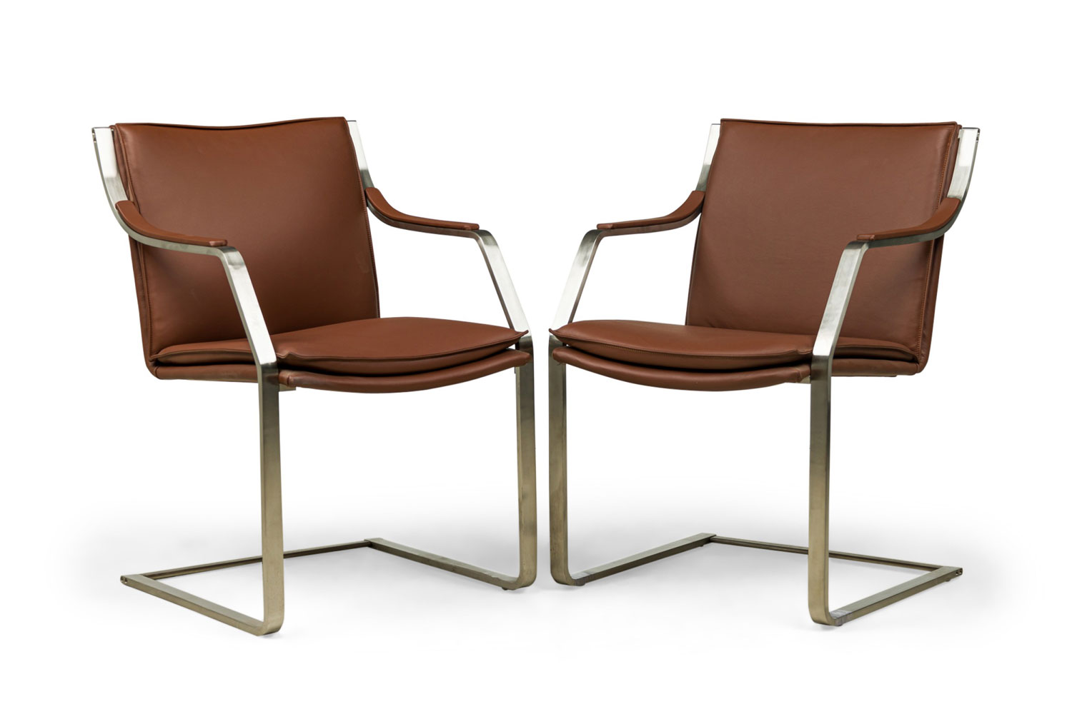 4 contemporary modern clay brown leather and polished silver metal armchairs