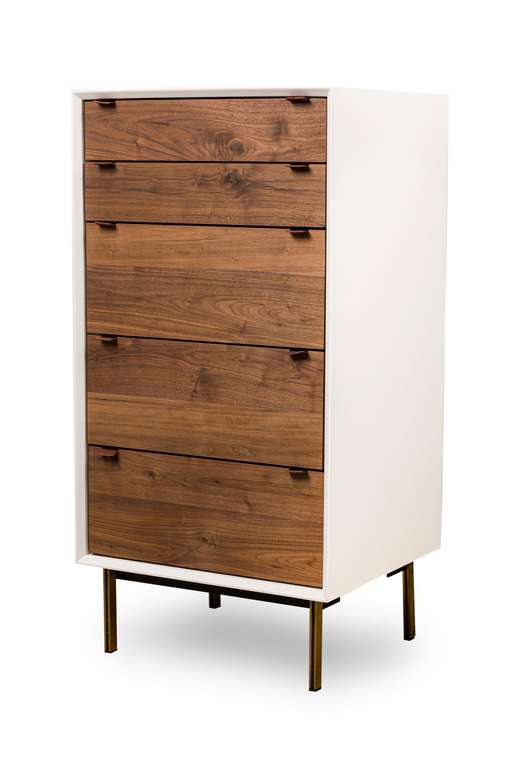 Contemporary modern white cabinet and natural wood 5 drawer chest