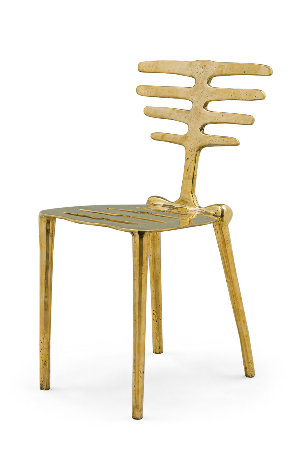 Contemporary modern organic form horizontal slat polished bronze dining side chairs
