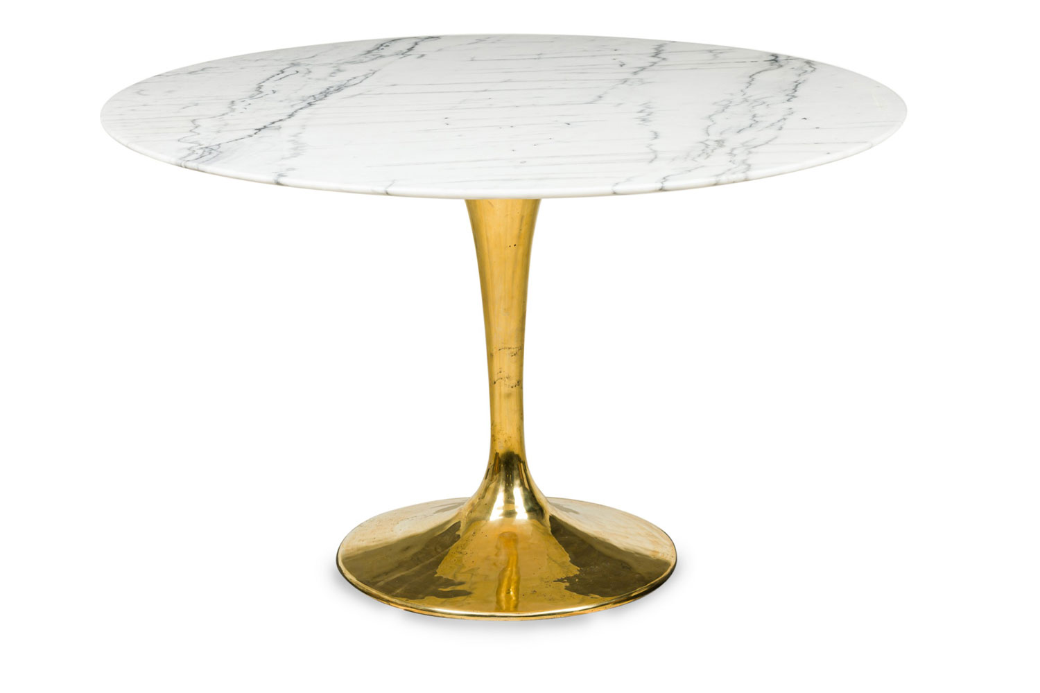 Contemporary mid century style circular polished bronze and white marble tulip form dining table