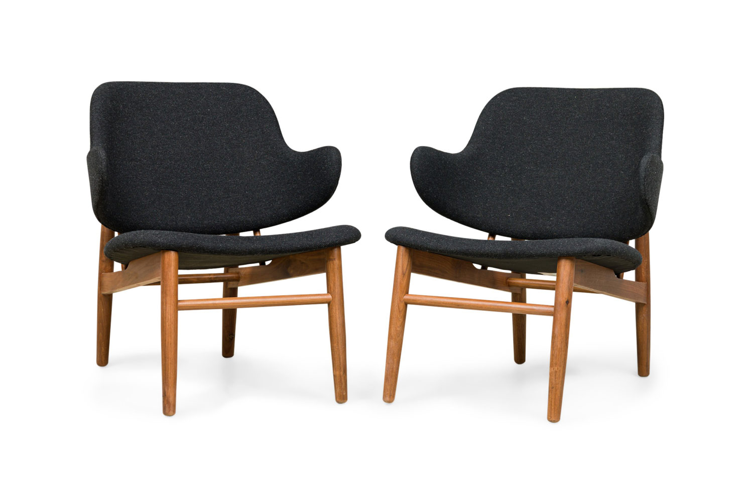 Contemporary mid century style walnut and textured charcoal gray upholstered side chairs