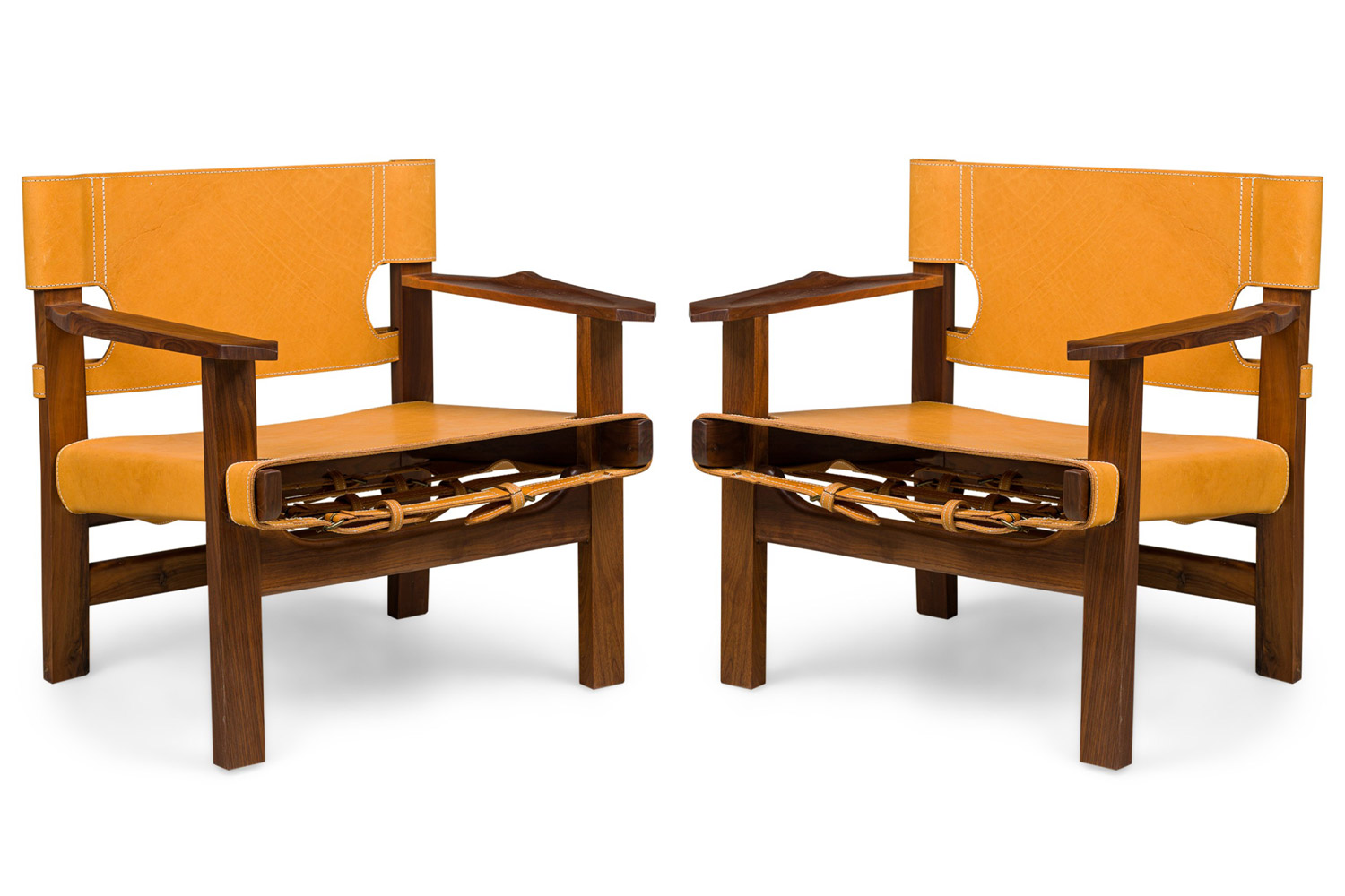 Pair of belt leather armchairs in saddle tan leather by newel modern 1