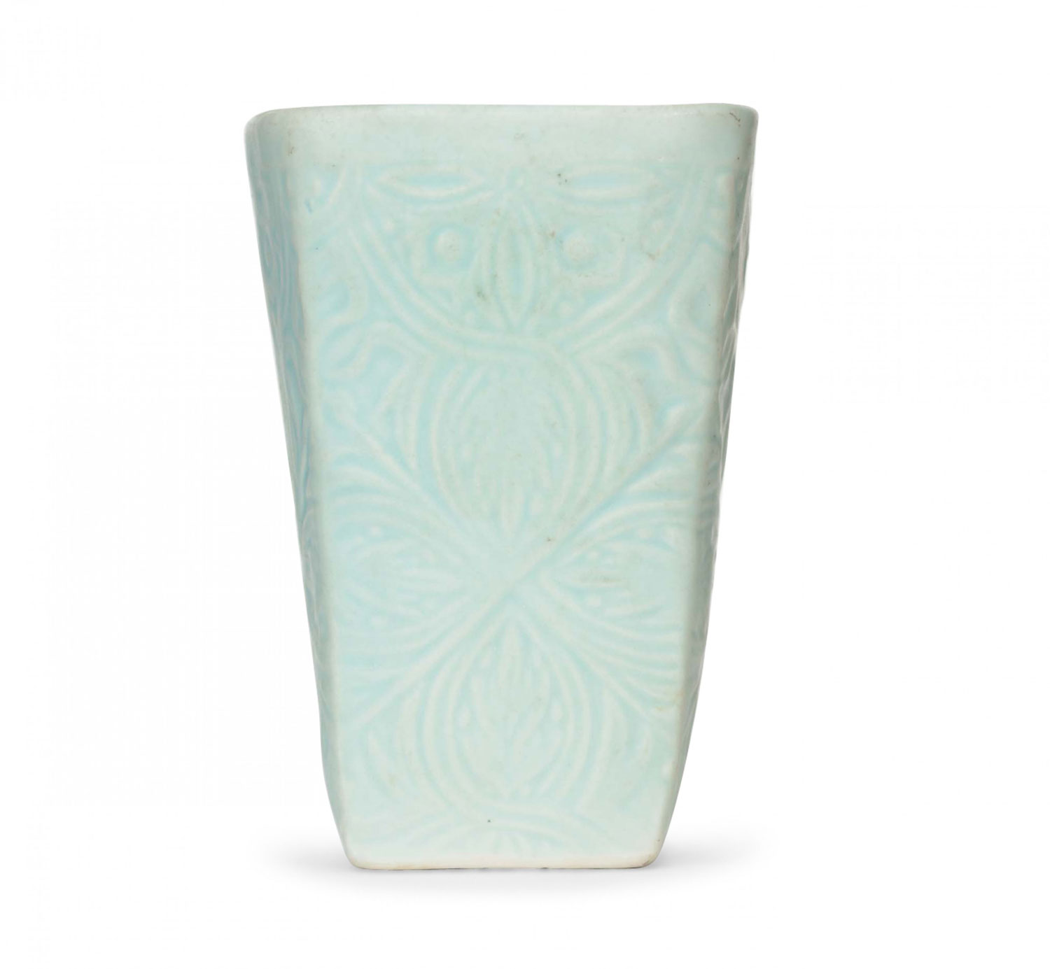 Light green glazed ceramic vase with leaf design