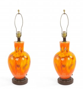 American mid century orange porcelain table lamp