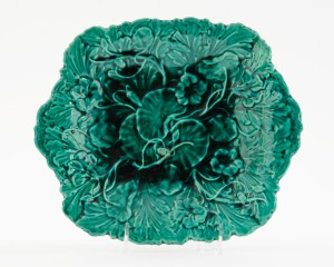 Molded floral green glass cake stand
