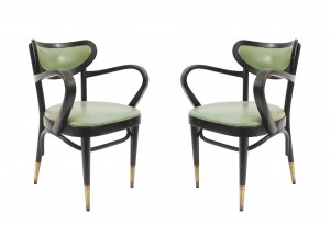 Mid century bentwood green leather arm chairs 1