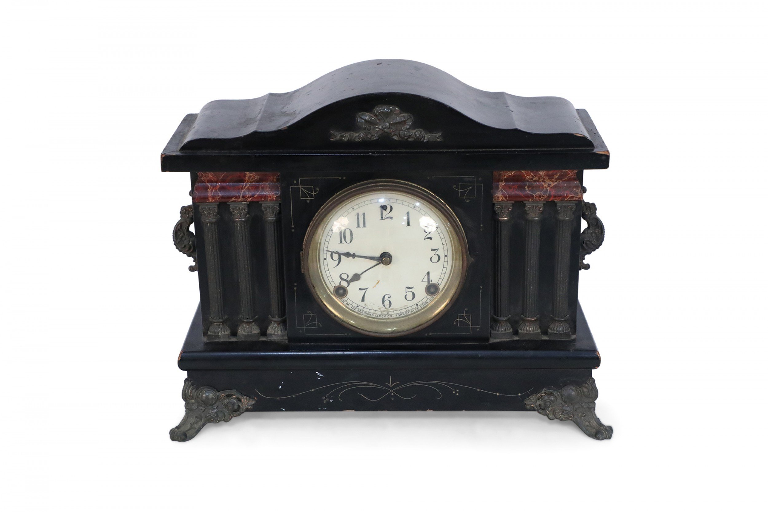 Sessions Clock Co American Victorian Bronze Column Wooden Case Mantel Clock