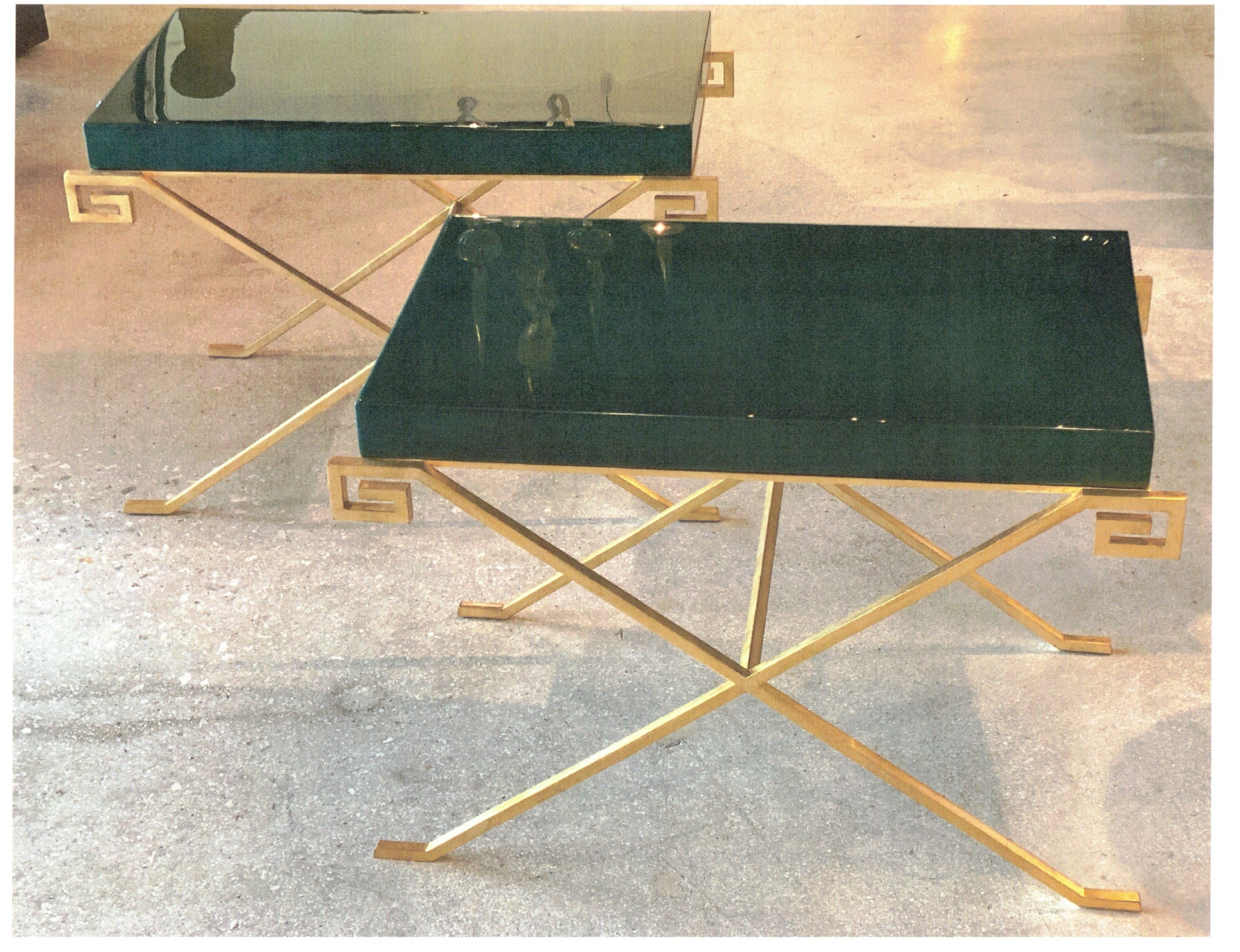 Pair of karl springer ltd mid century american jmf greek key tables w emerald goatskin tops rec mto