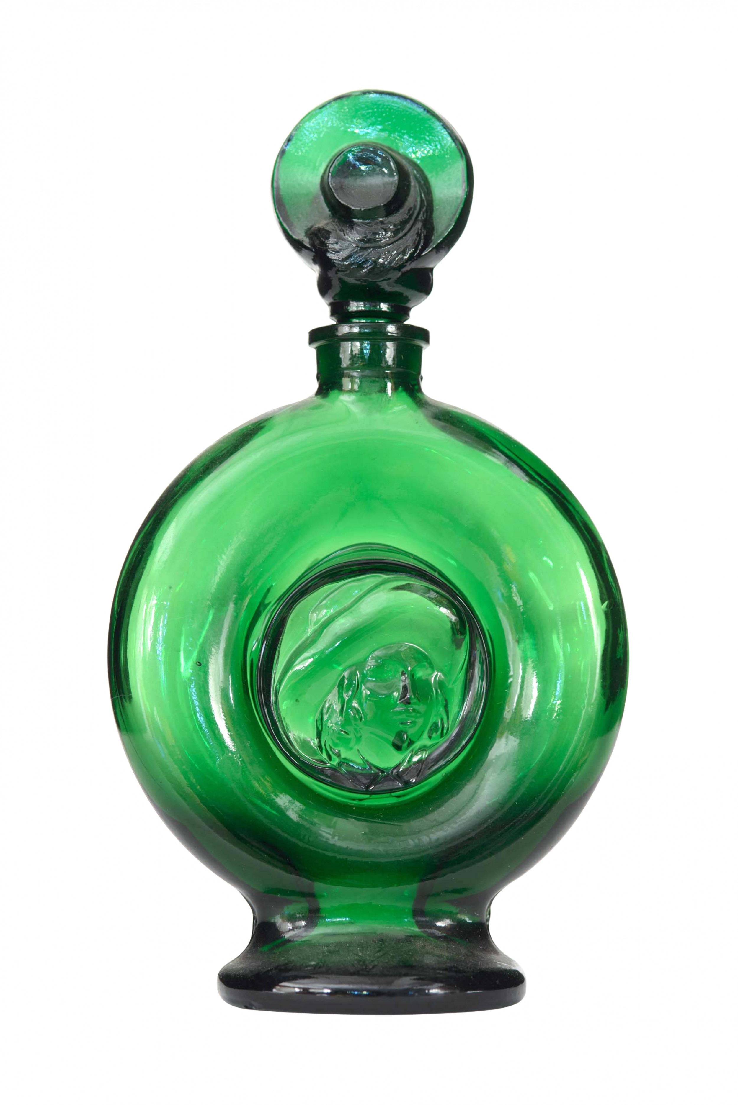 French art deco green glass perfume bottle