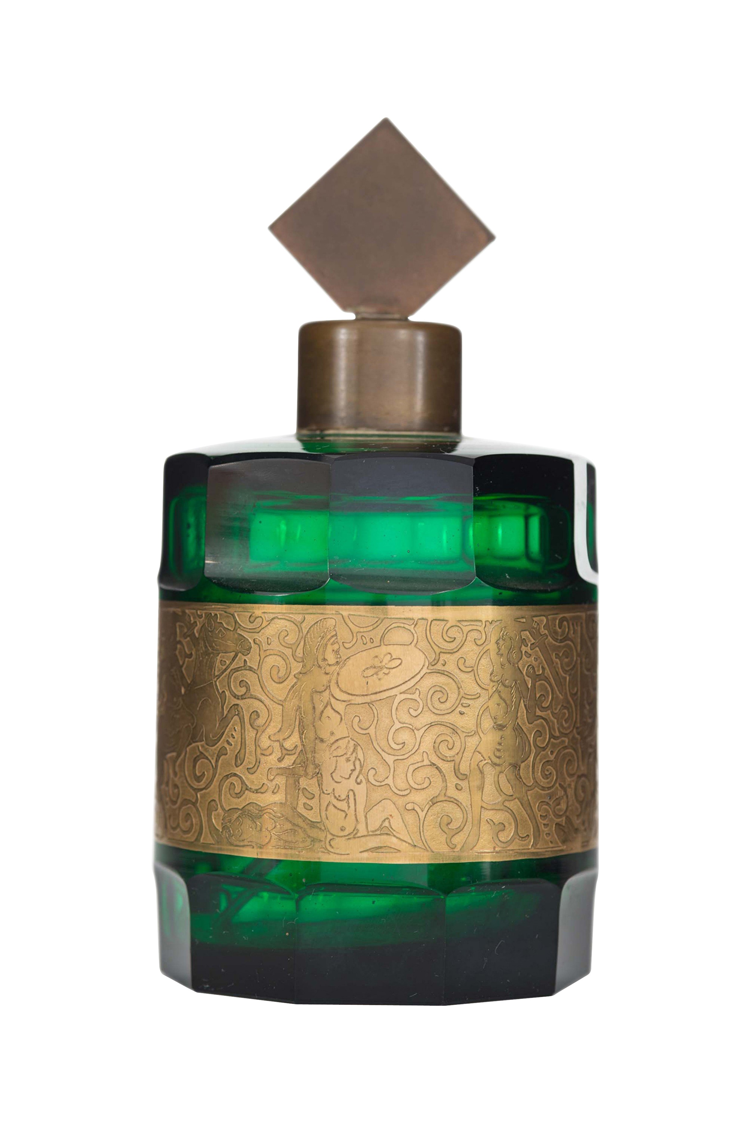 Vintage green glass and gilt metal perfume bottle