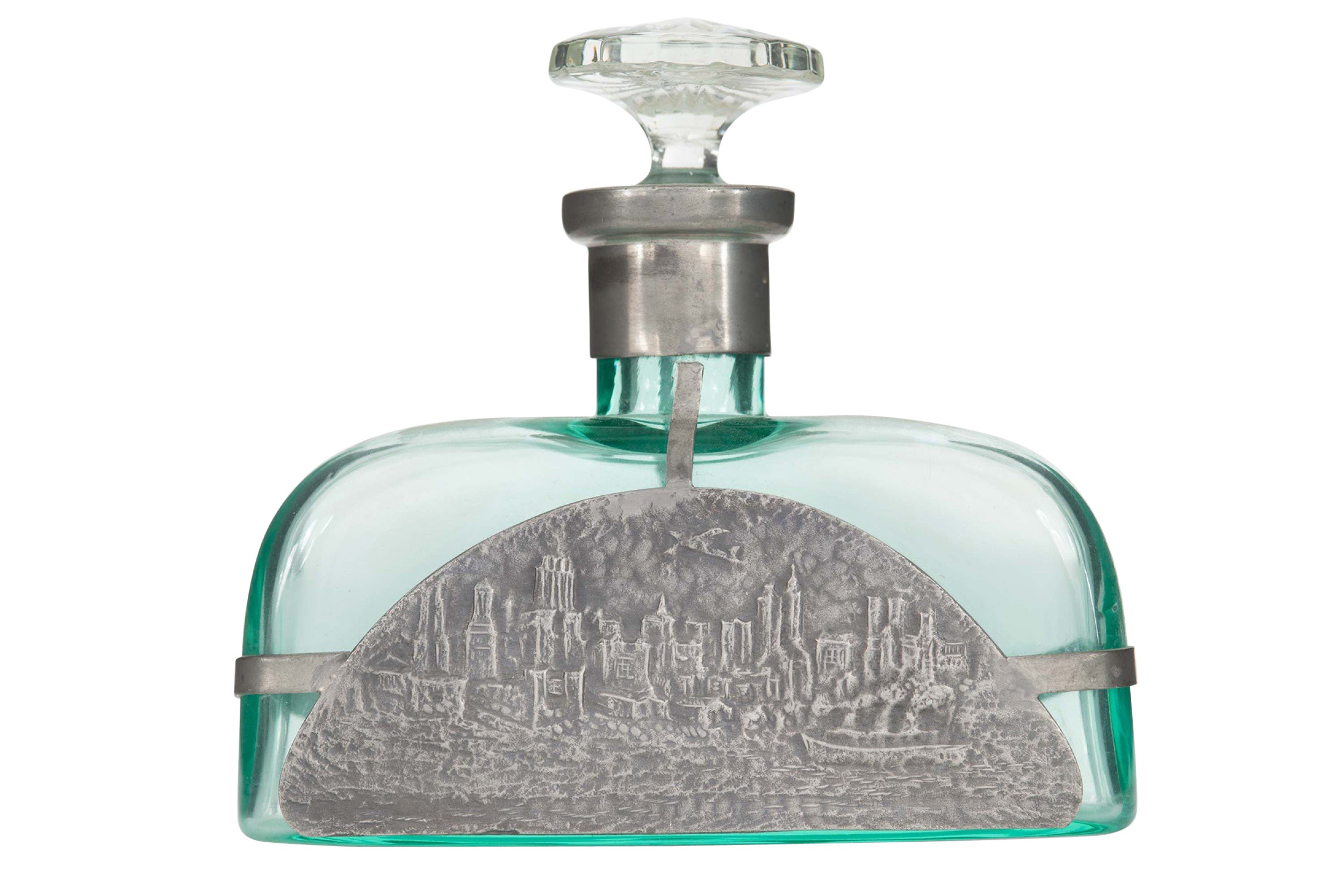 Art deco green tinted glass and pewter perfume bottle