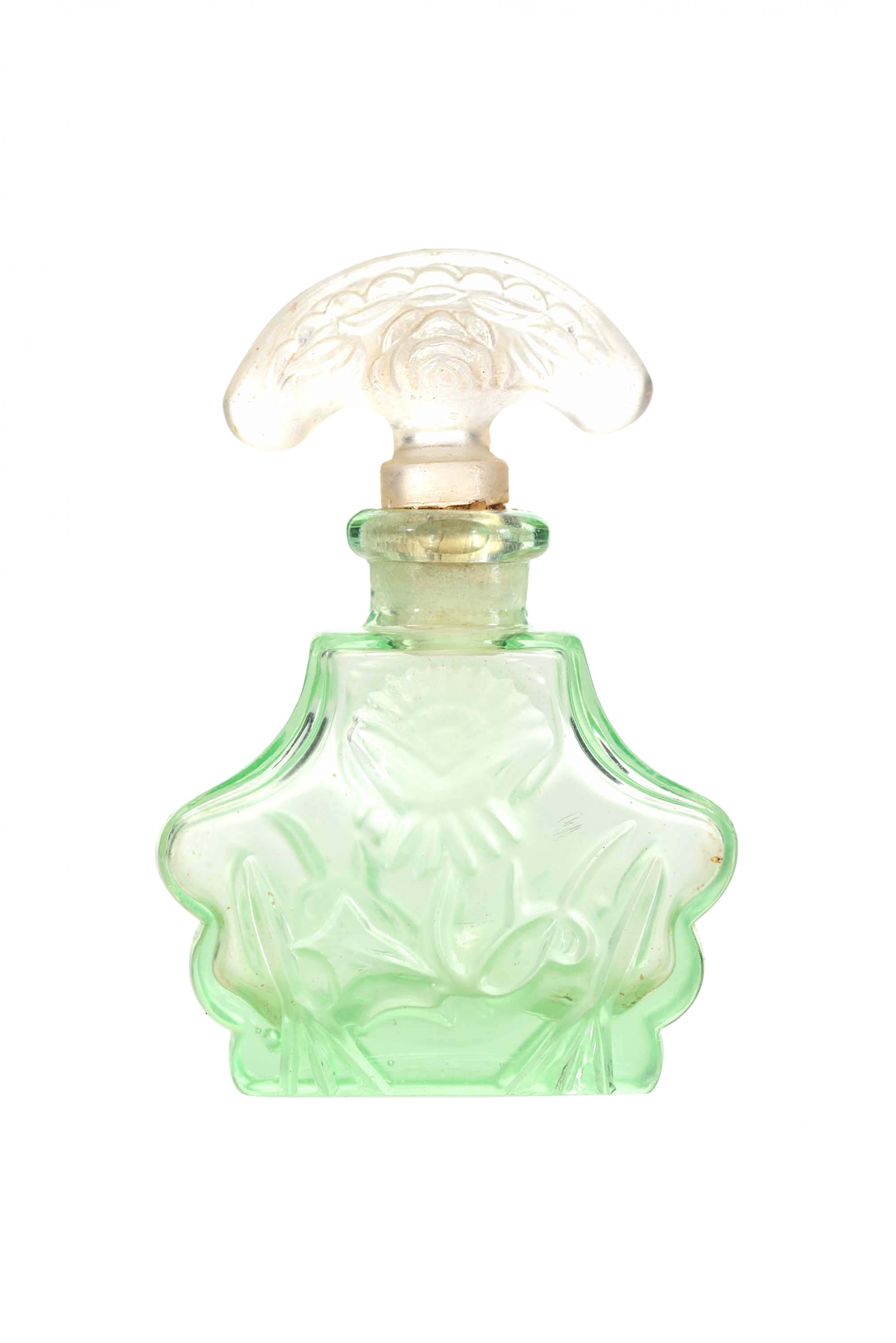 Czech art deco green tinted glass perfume bottle