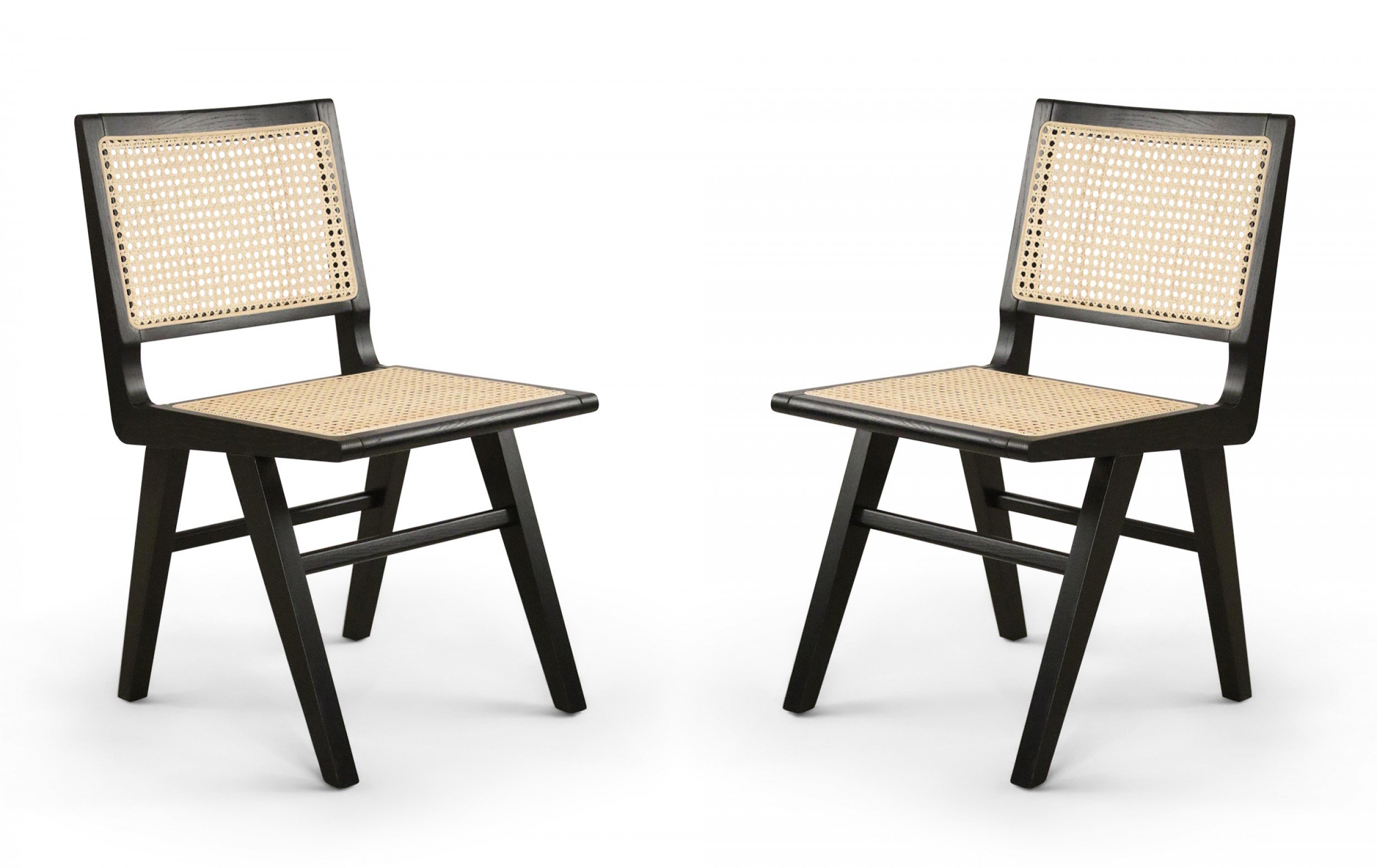 5 french mid century black finished wood and cane dining chairs