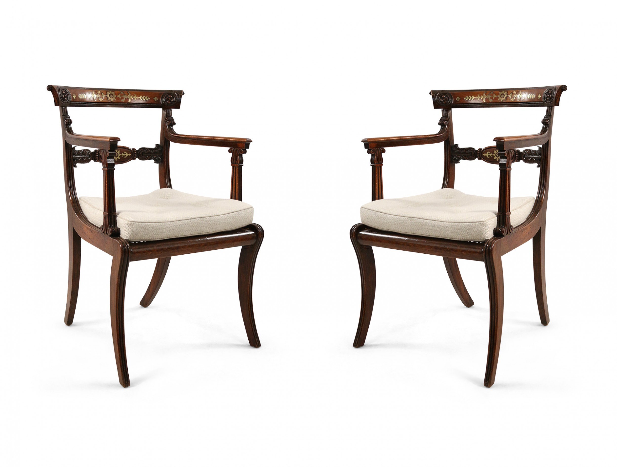 English regency brass inlaid oak and cane armchair
