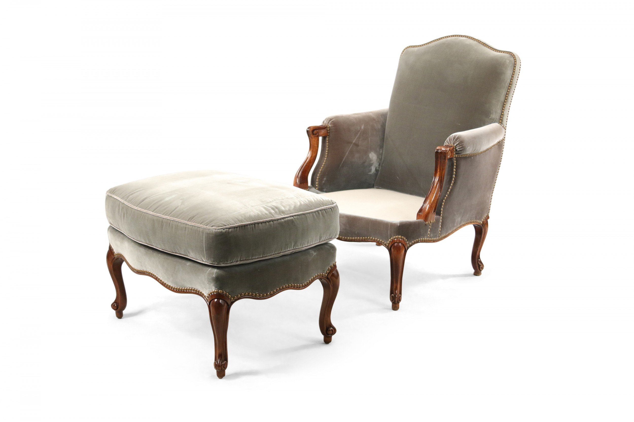 Louis XV style blue velvet and oak armchair and ottoman