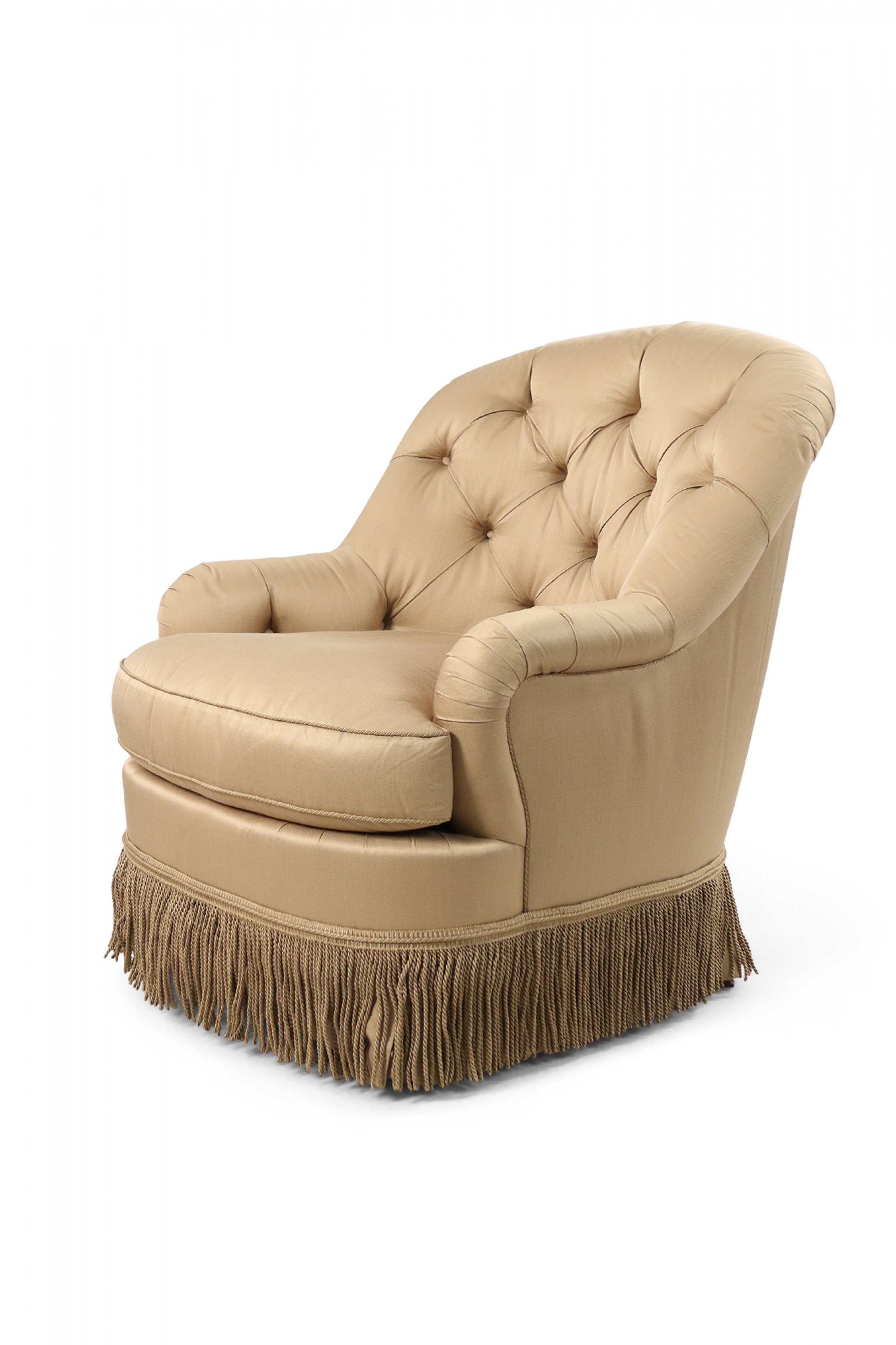 Pair of english victorian style beige tufted fringed tub armchairs