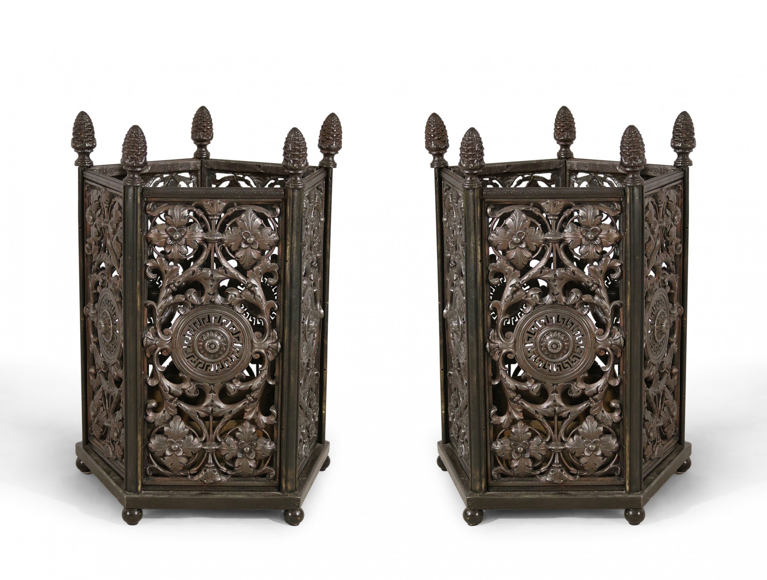 Pair of italian renaissance style metal filigree pentagonal umbrella stands