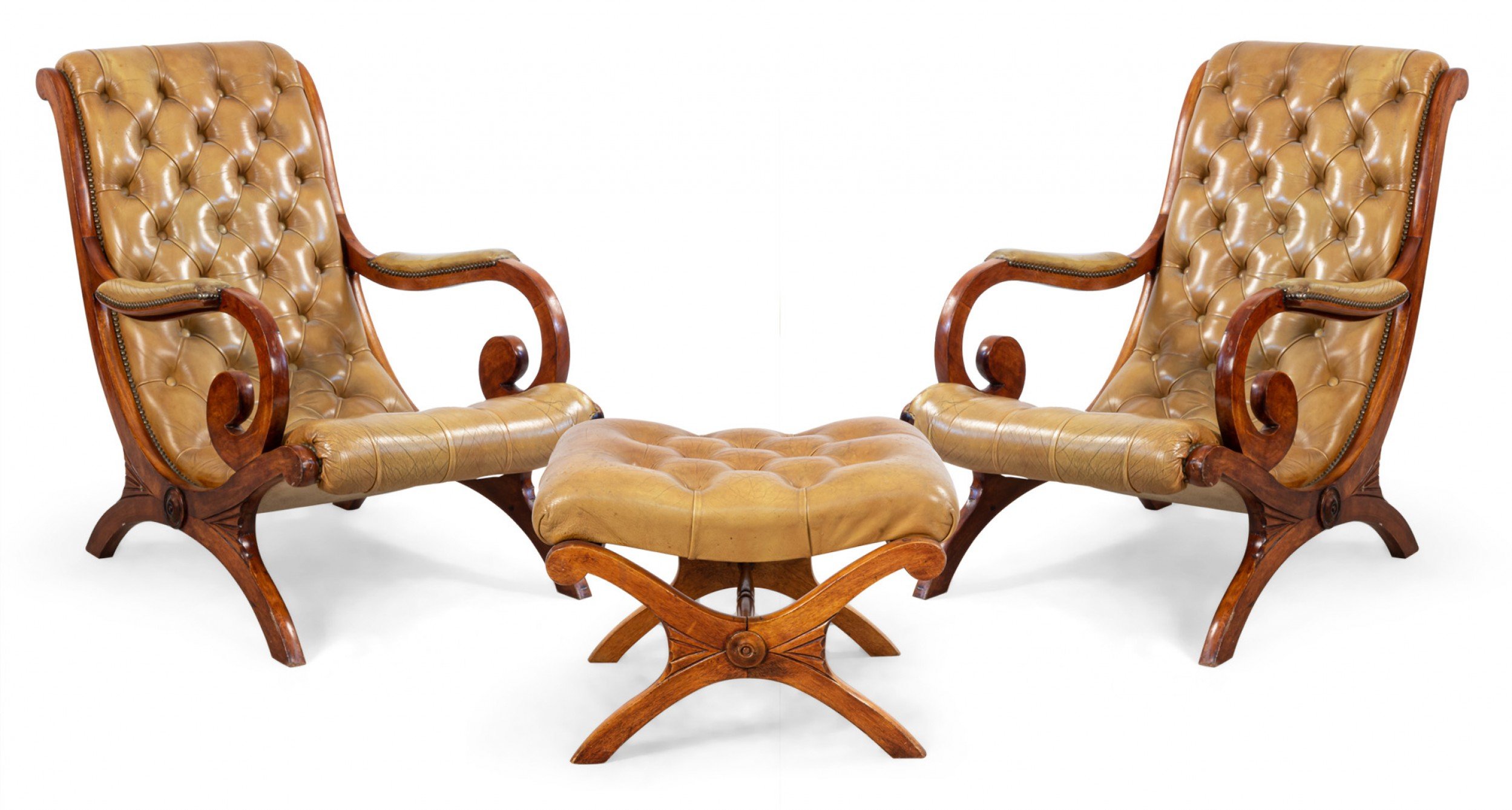 Set of Mahogany Campaign Style Lounge Chairs & Ottoman