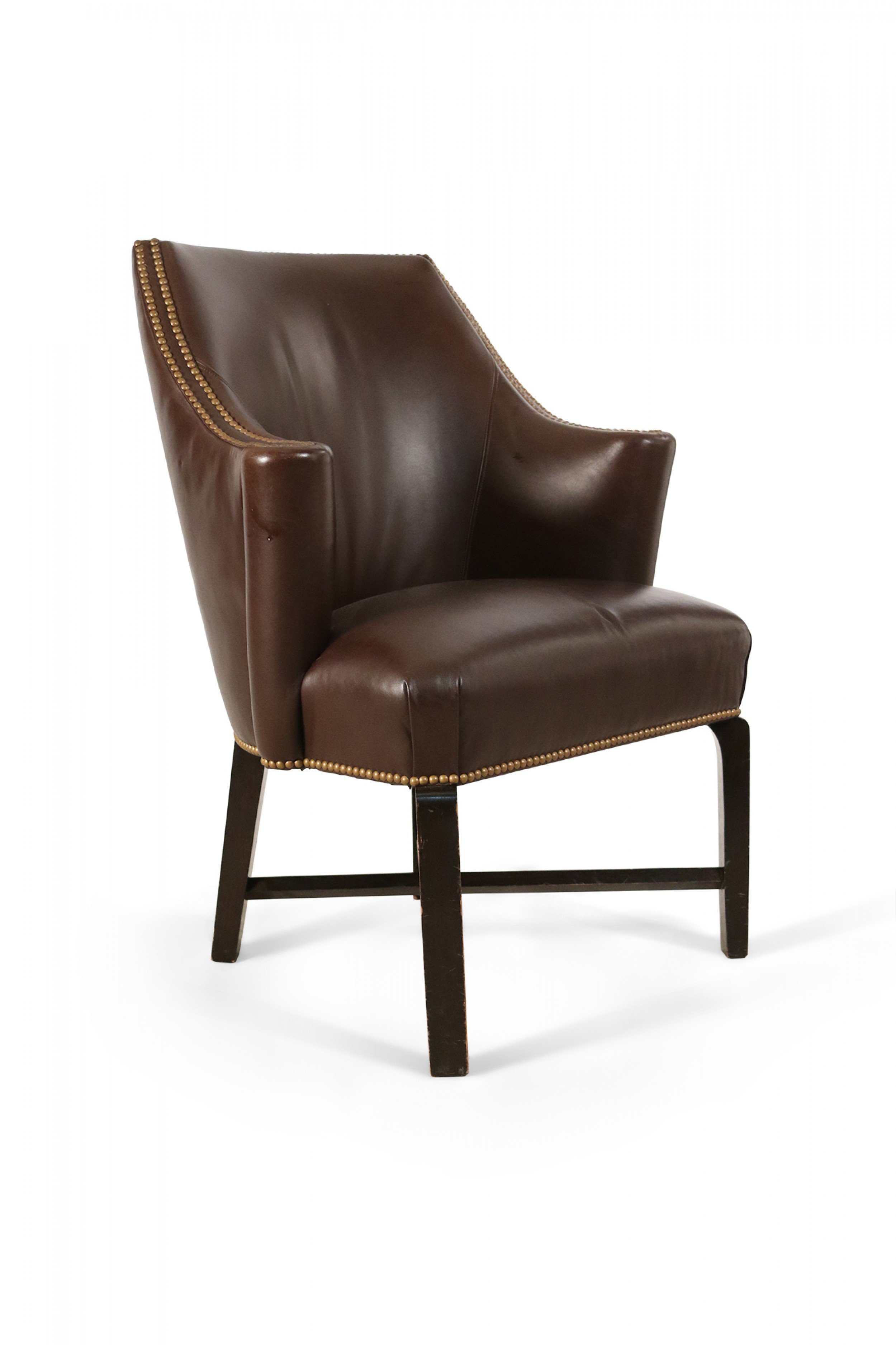 Pair of contemporary brown leather rounded back club armchair