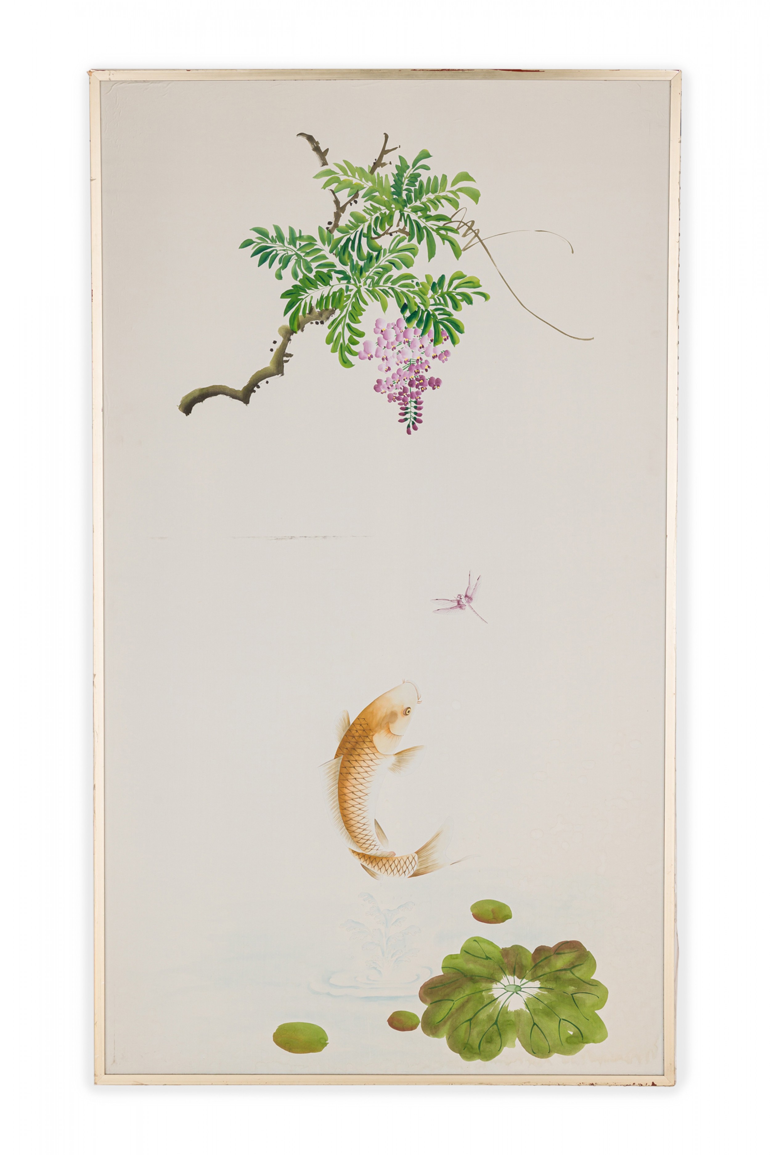 Mid Century Koi Fish and Tree Painted Silk Panels