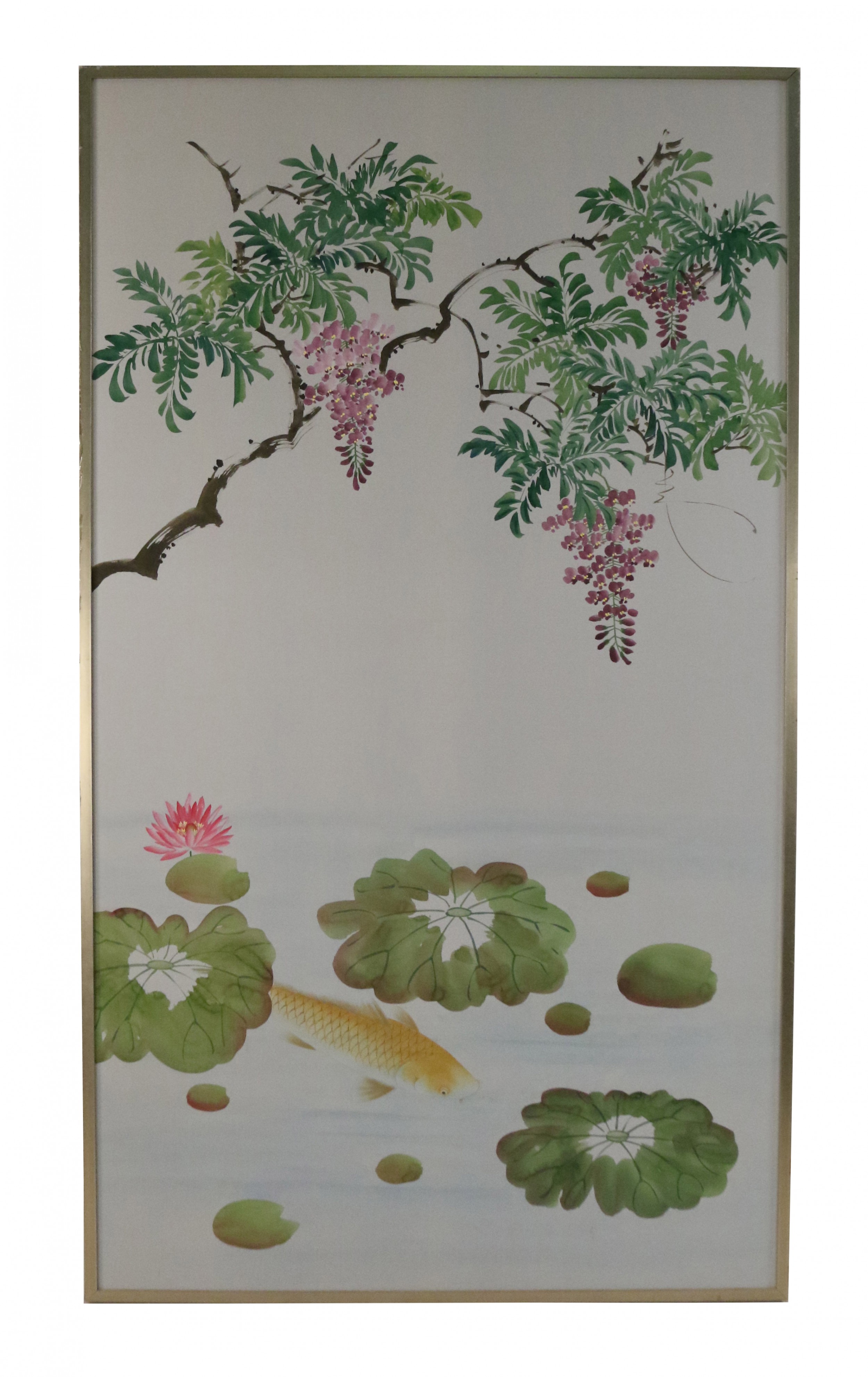 Mid Century Koi Fish and Tree Painted Silk Panel