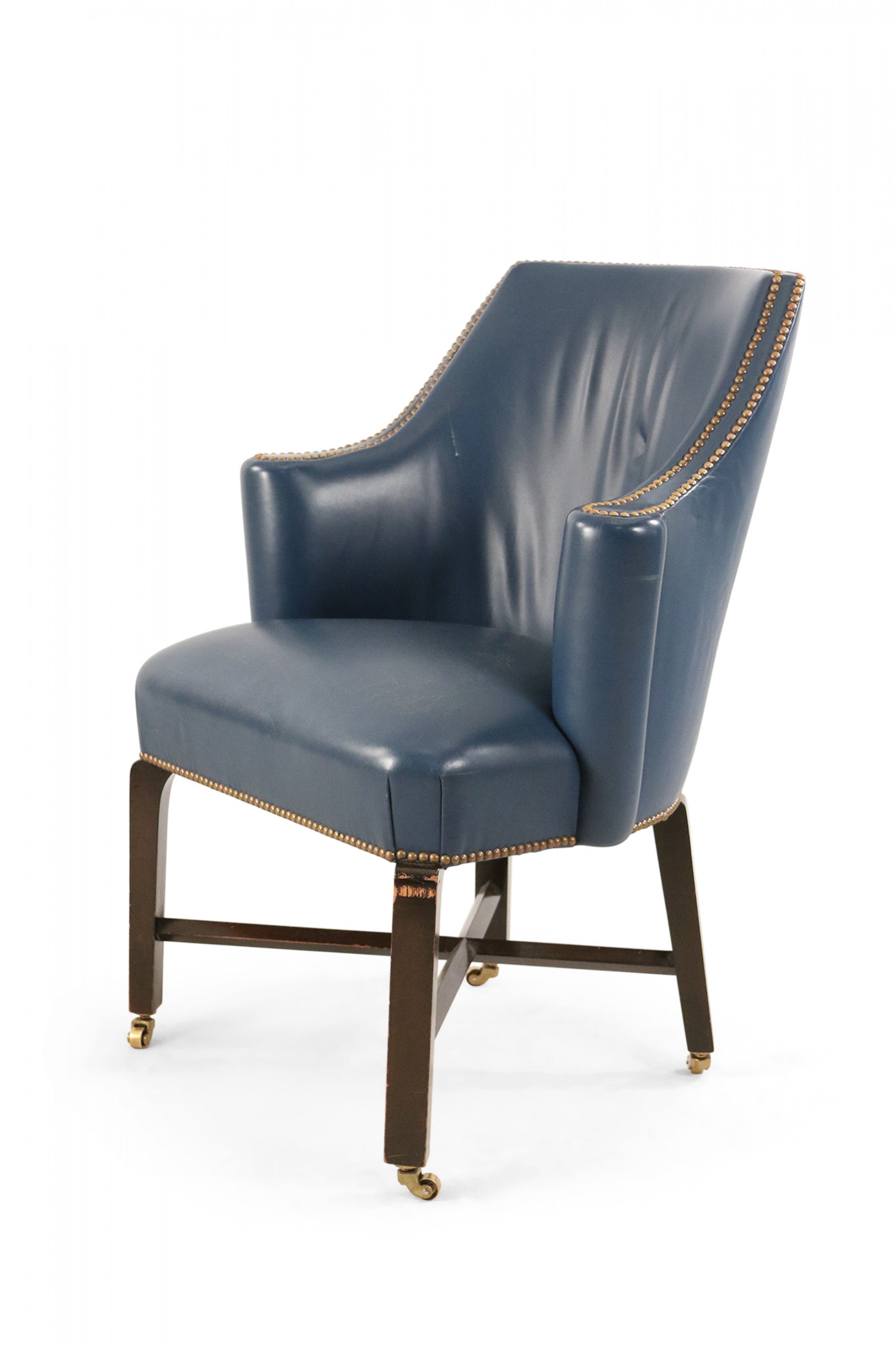 Contemporary blue leather rounded back club armchair