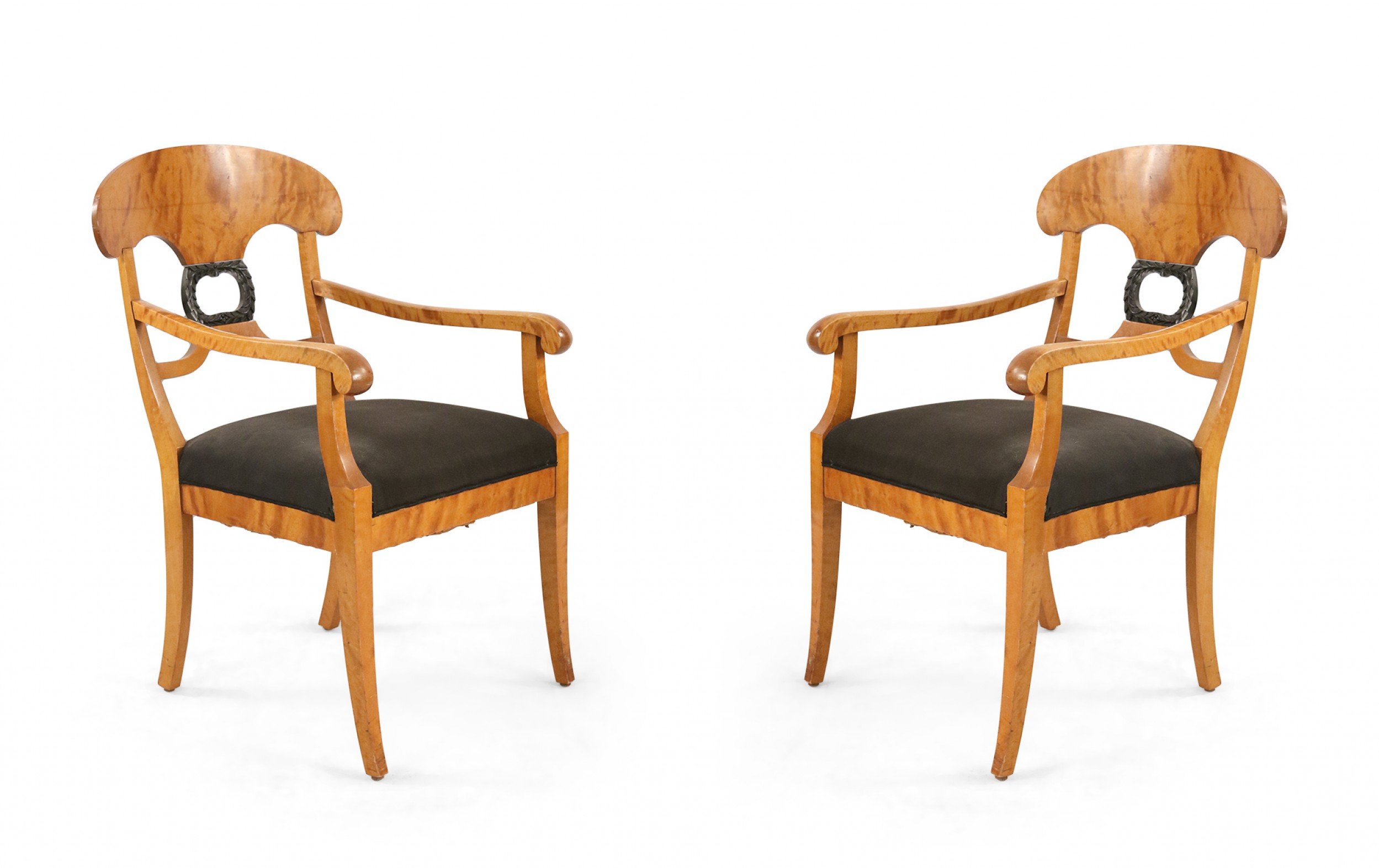 Pair of biedermeier style wood and black upholstery dining armchairs