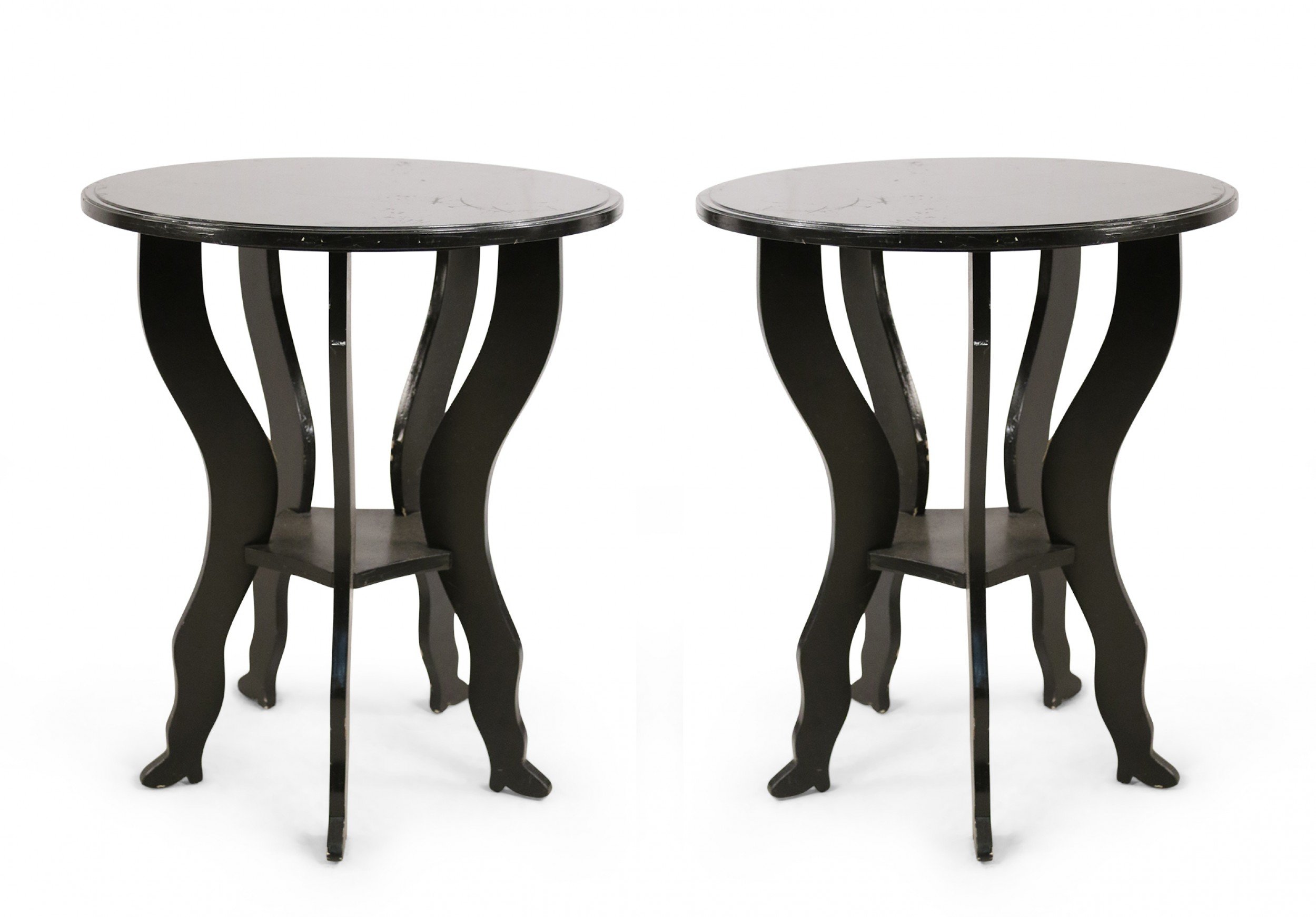 Pair of contemporary black painted large circular end tables