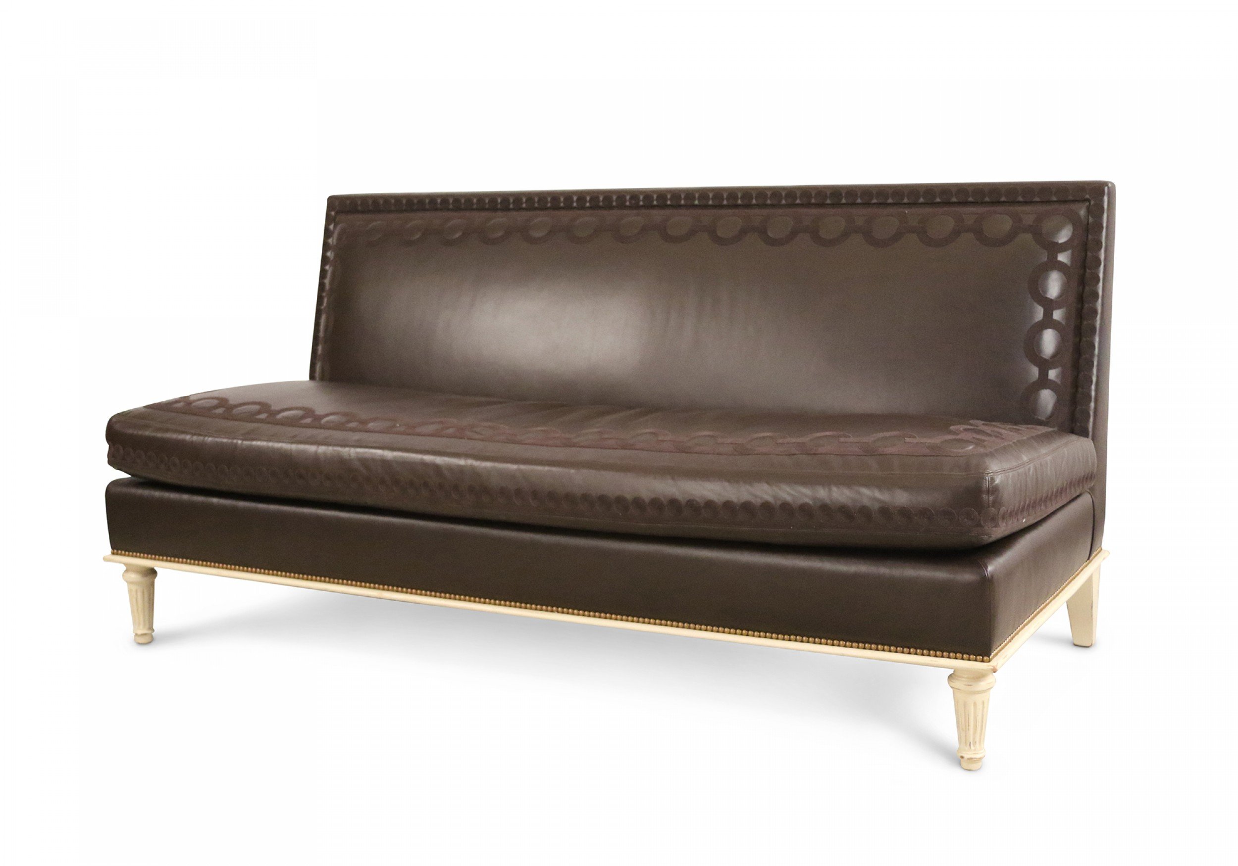 Contemporary Brown Leather and Painted Wood Sofa