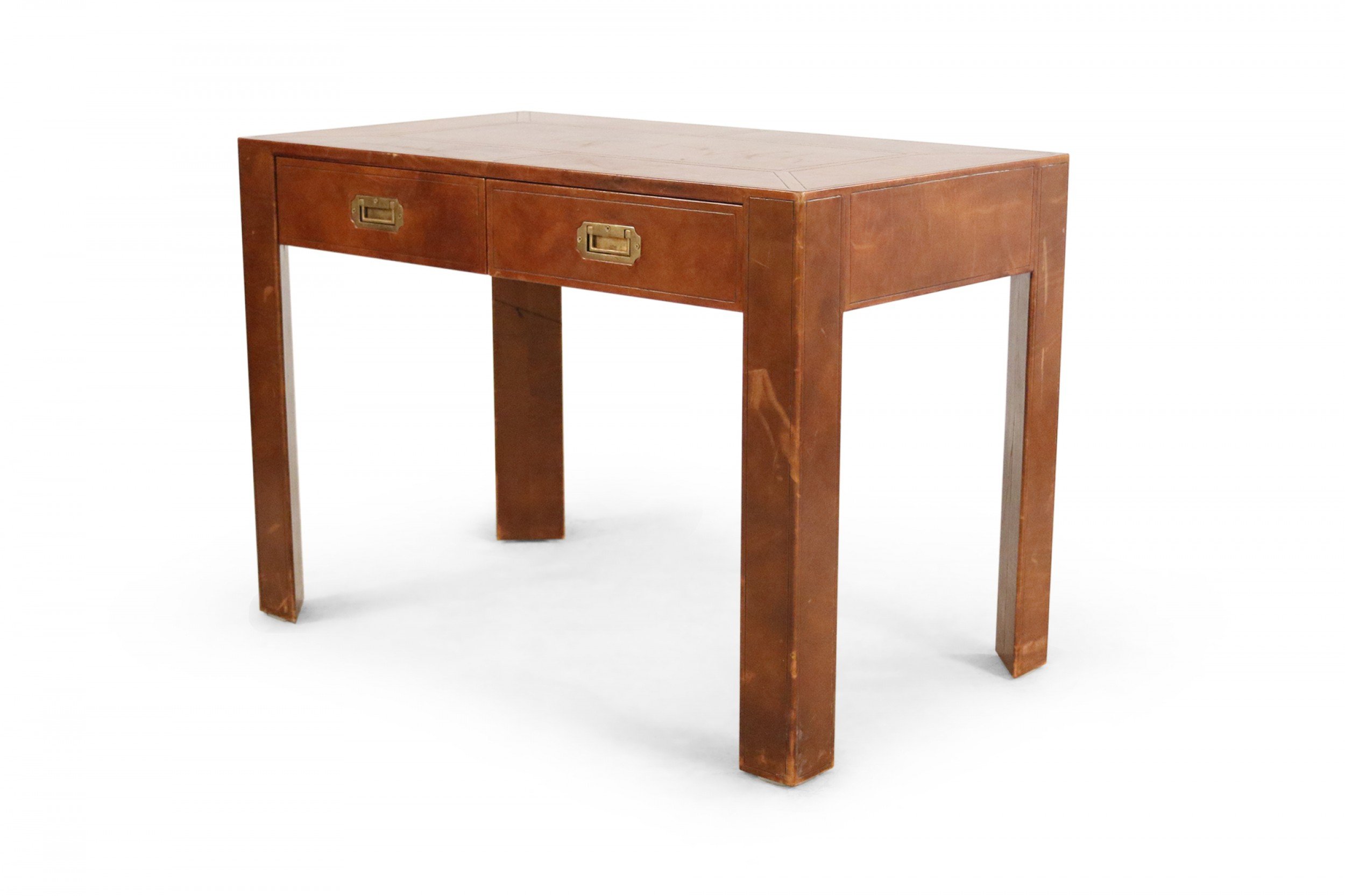 Mid century brown leather covered 2 drawer desk