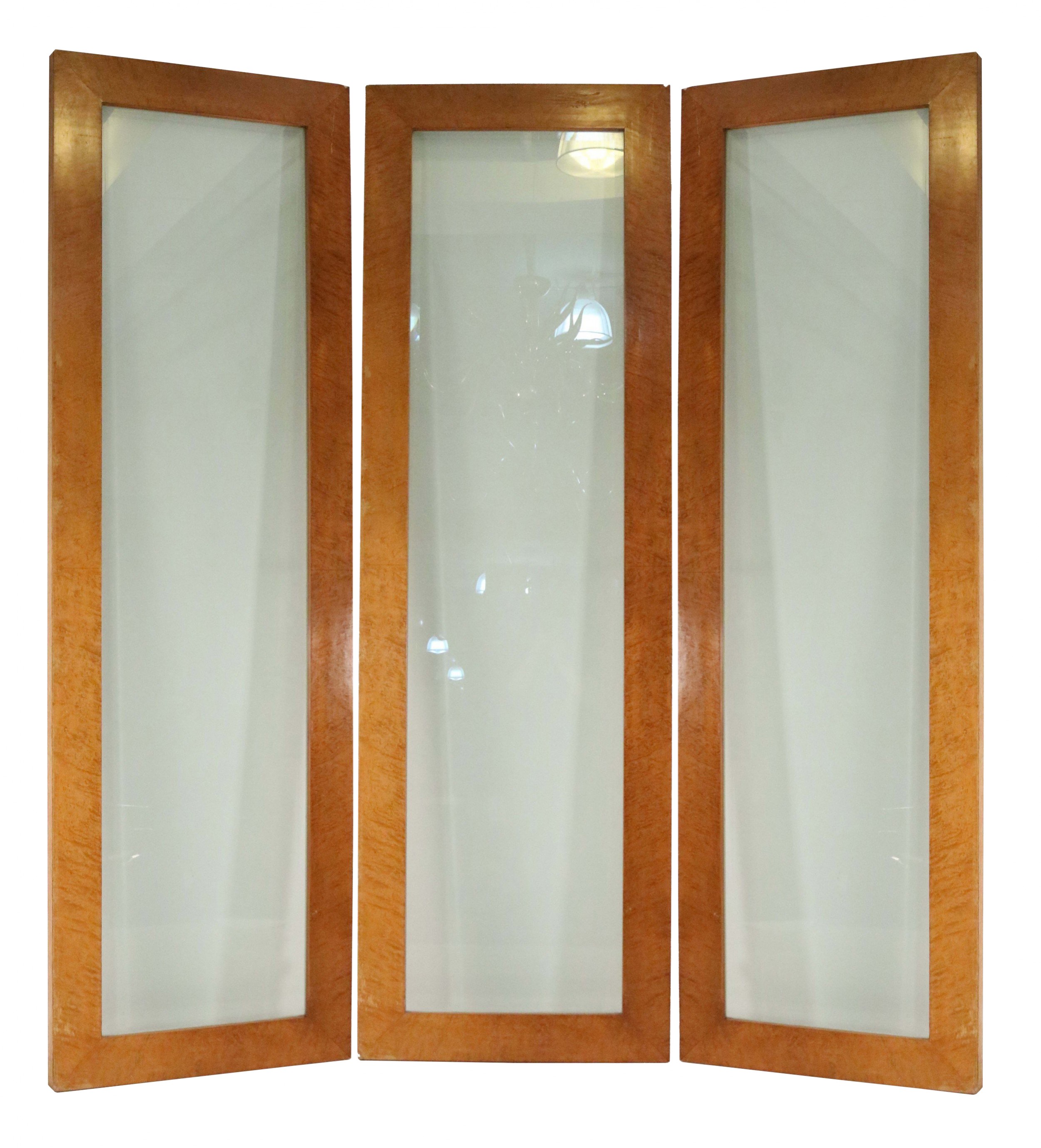 Contemporary monumental three fold maple wood and glass screen room divider