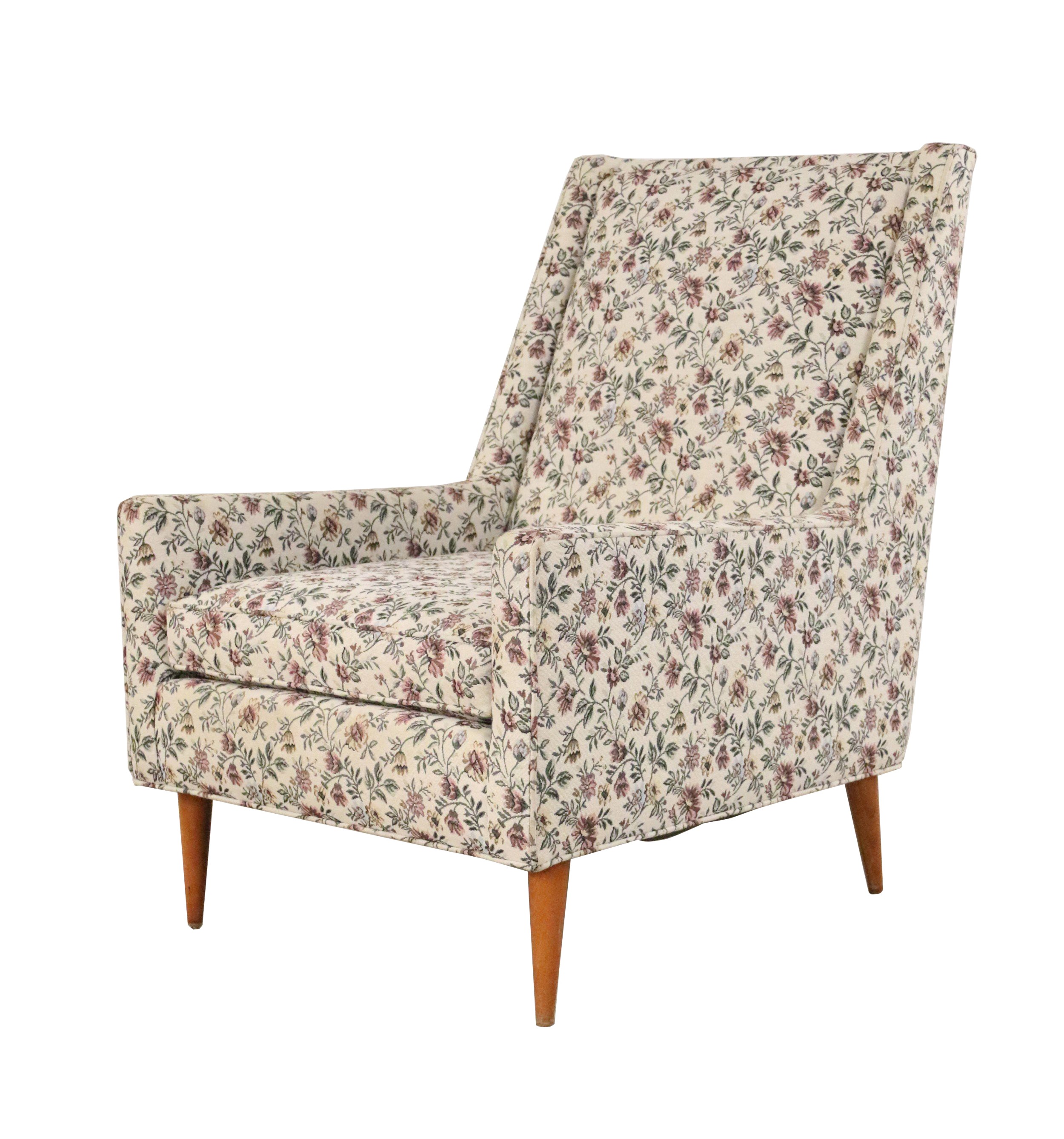 Paul mccobb style mid century modern beige floral upholstered lounge armchair