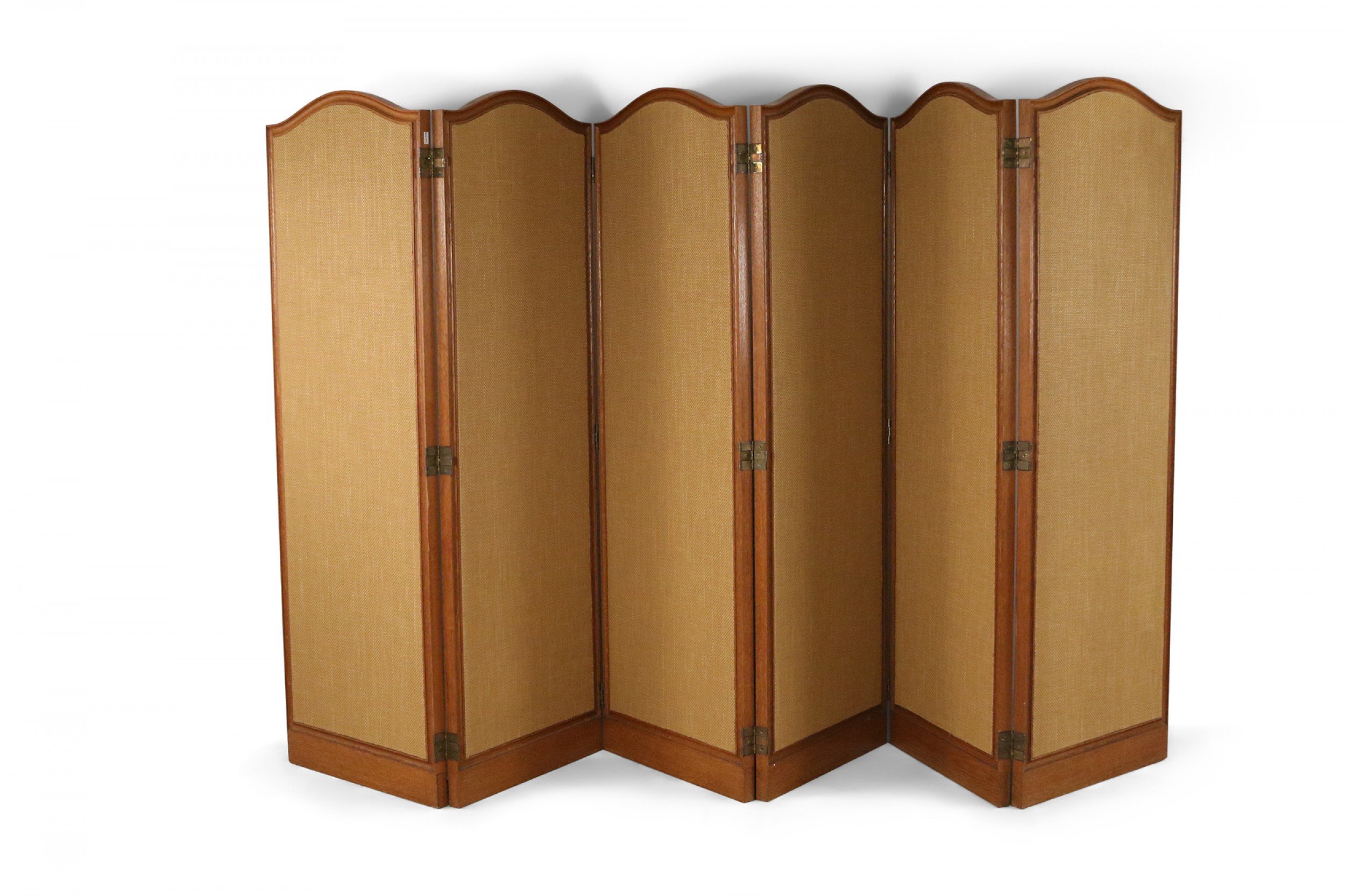 Mid Century Modern Five Fold Oak and Rattan Screen