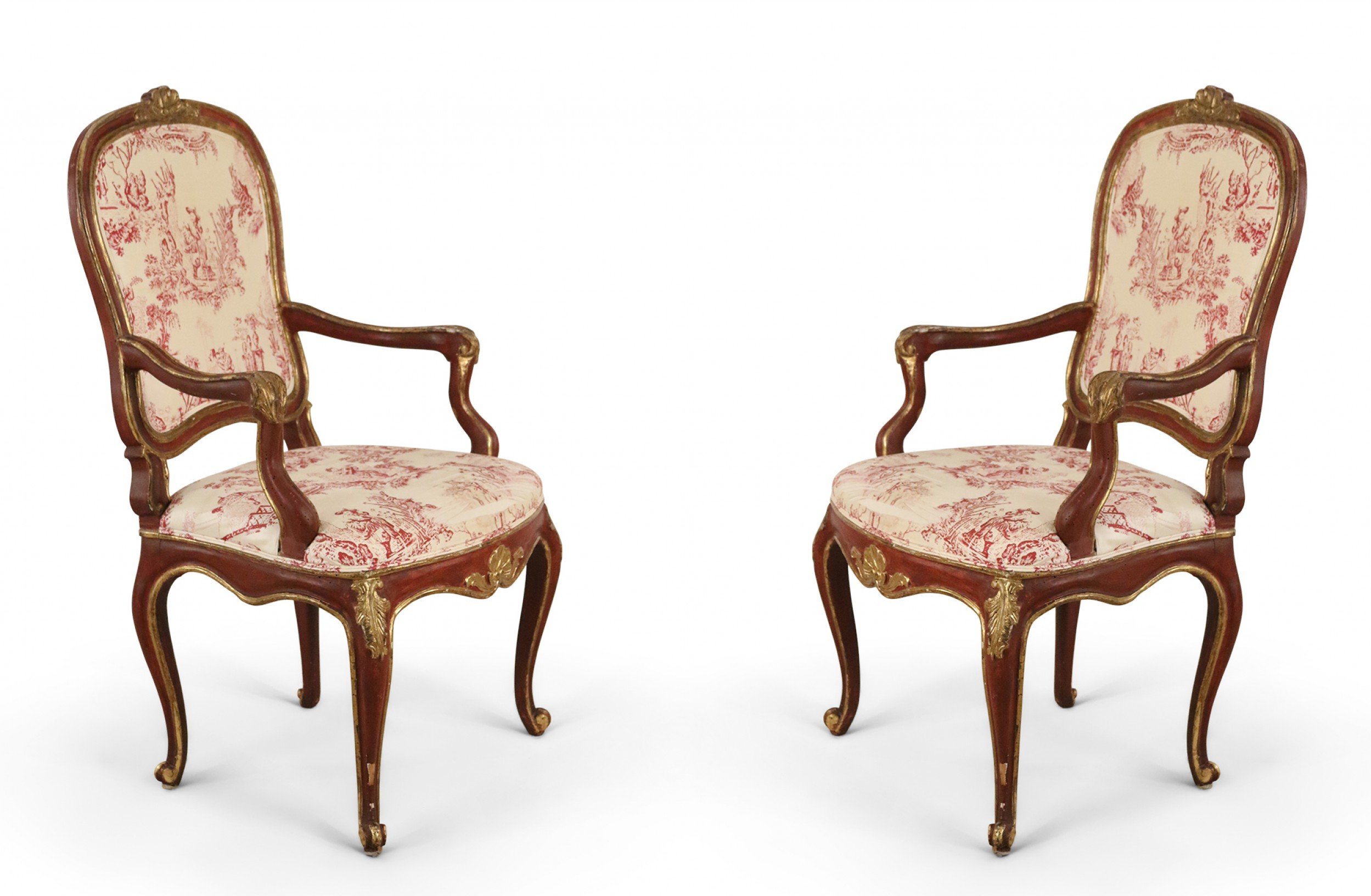 Italian Venetian Red Frame Toile Pattern Upholstered Armchairs
