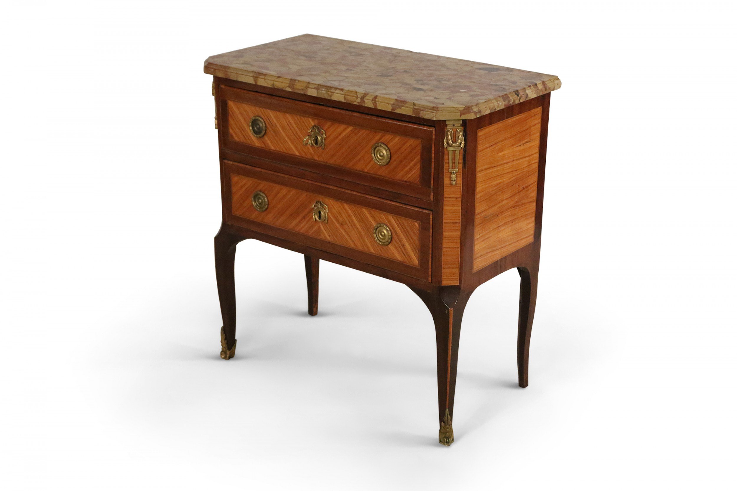 Louis XVI Style Parquetry Brass and Beige Marble Commode