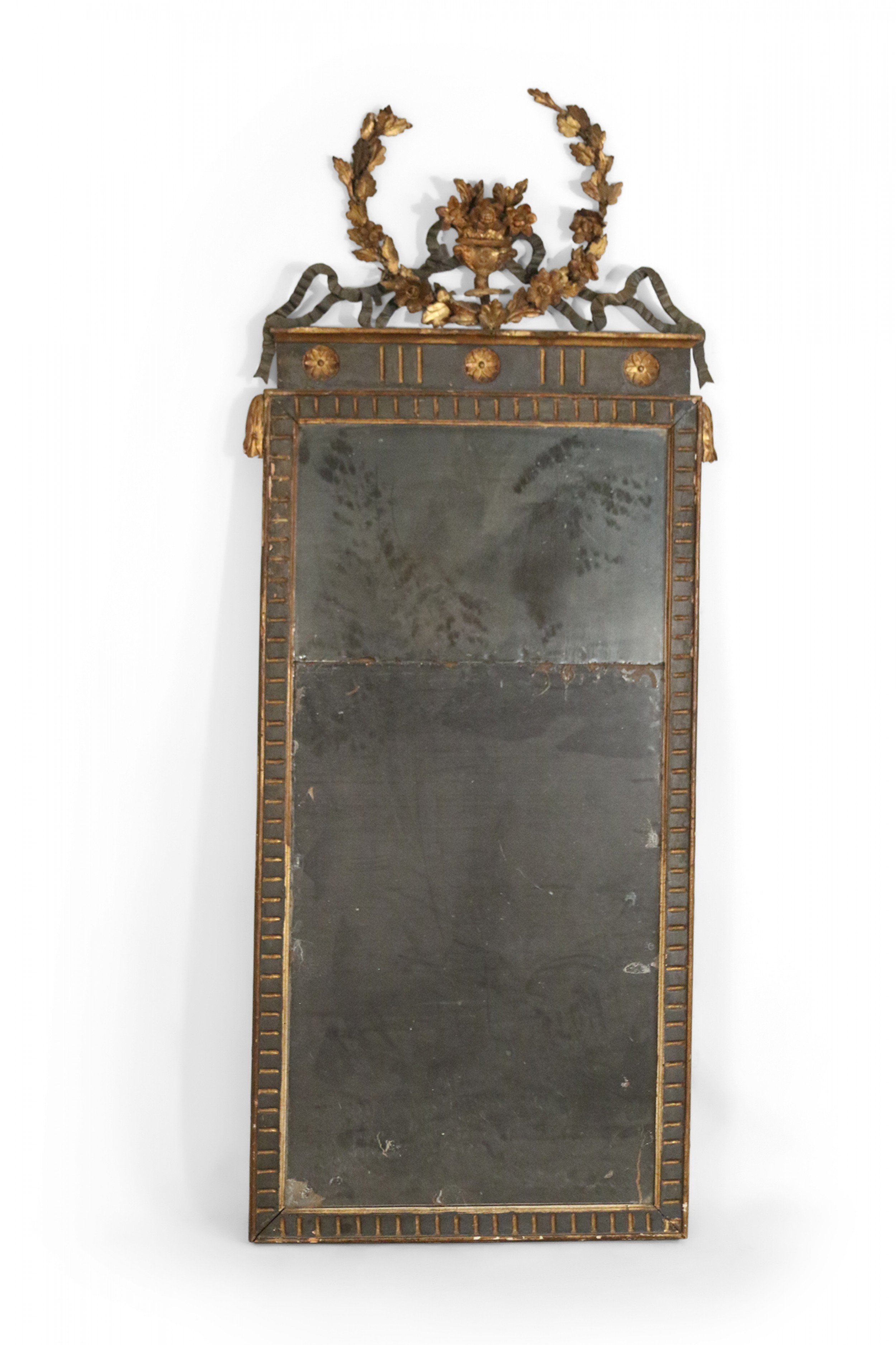 French Louis XVI Style Giltwood and Green Painted Wood Floral Pediment Wall Mirror