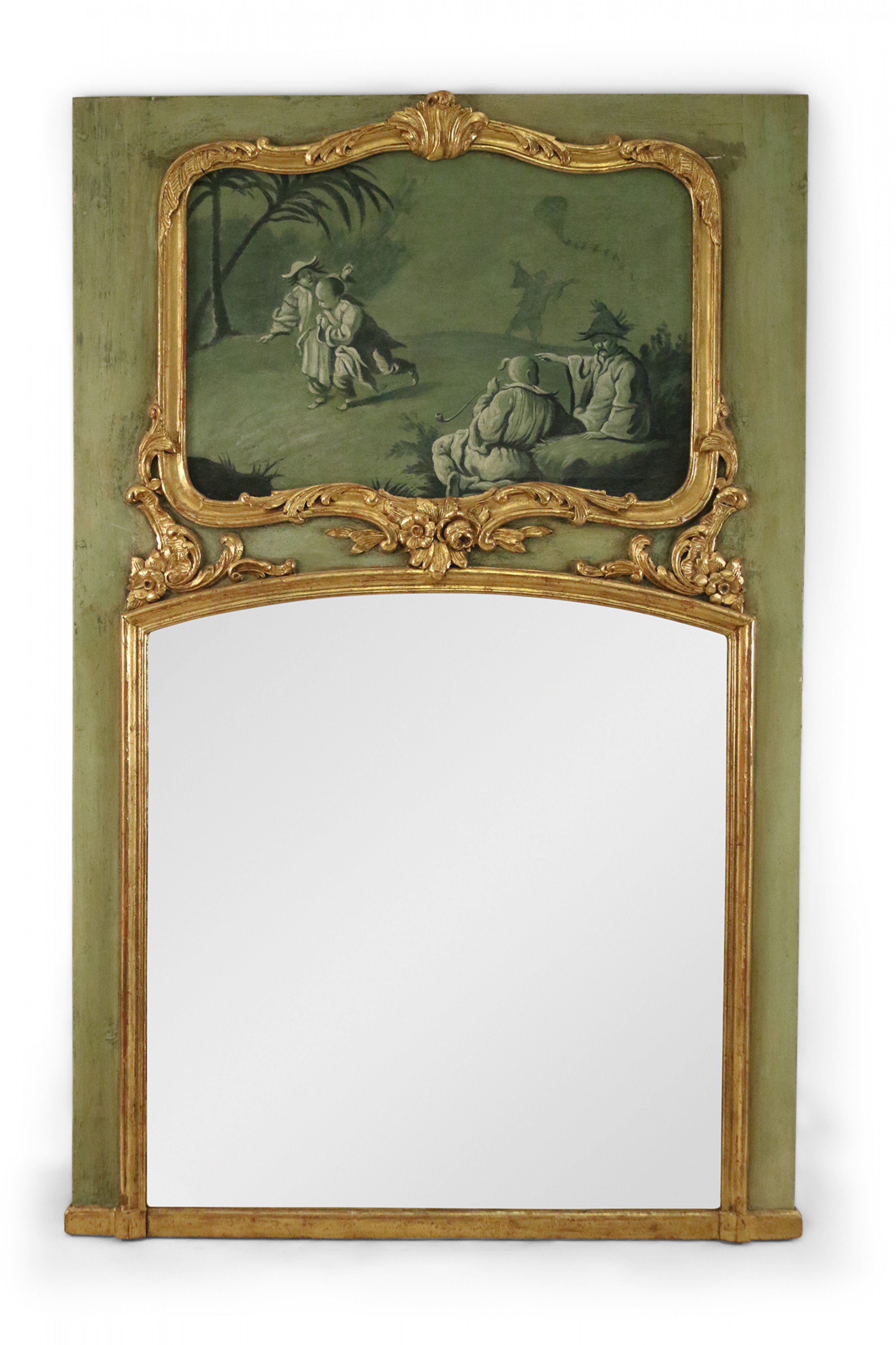 French Victorian Green Painted and Gilt Wood Chinoiserie Scene Trumeau Wall Mirror