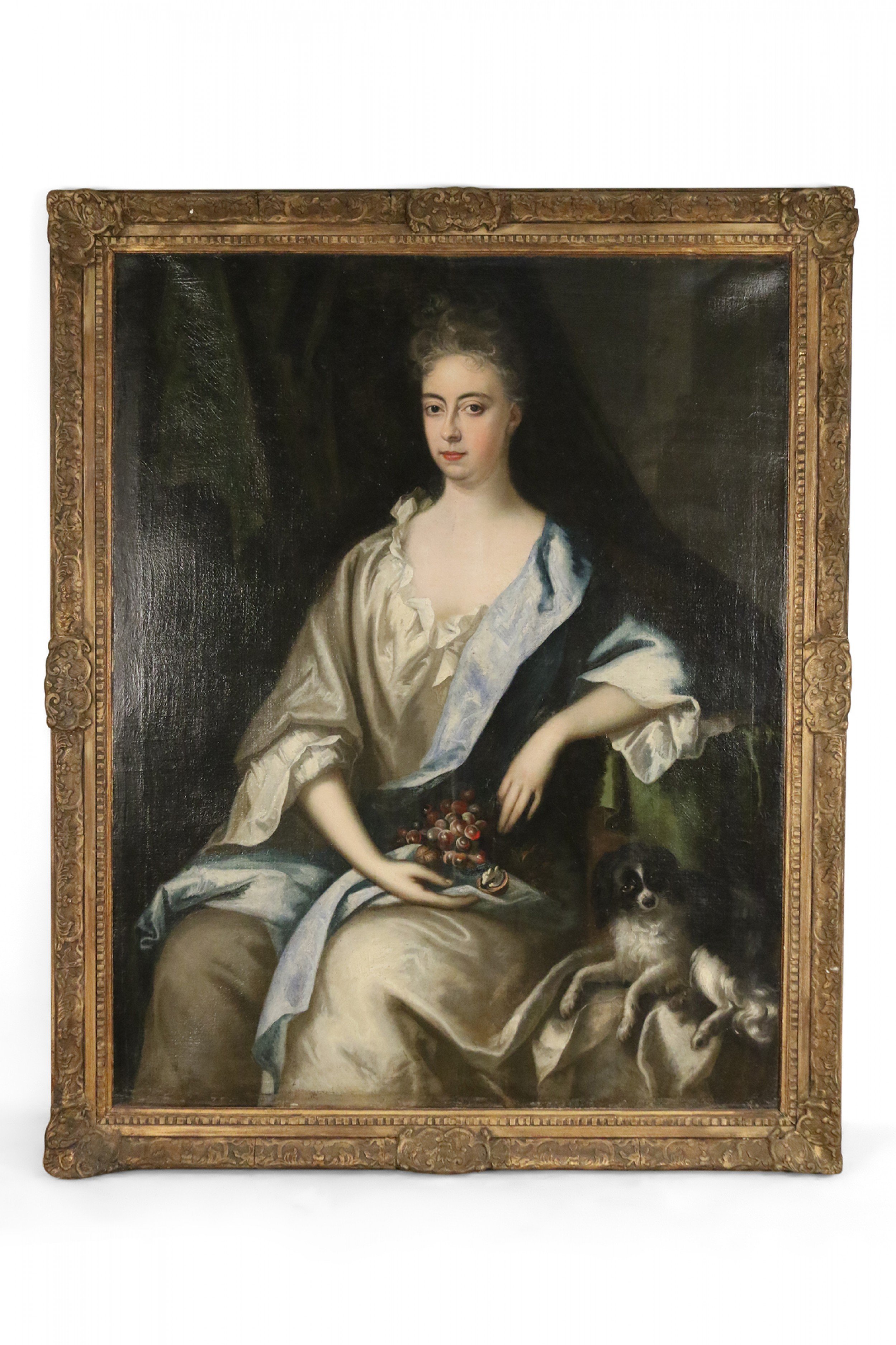 Giltwood Framed French Oil Painting Portrait of a Woman Holding Grapes