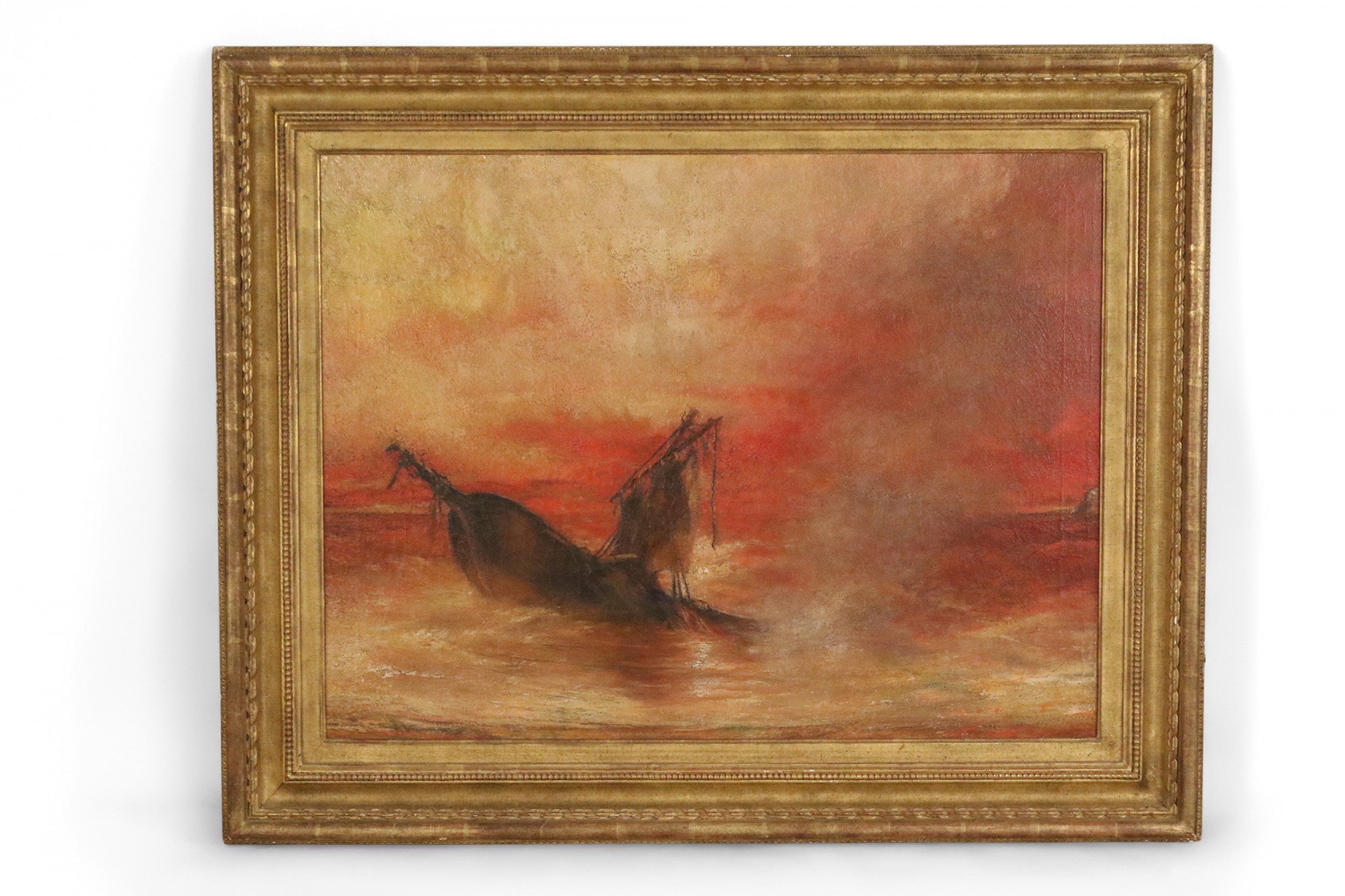 Framed Antique French Oil Painting of a Burning Shipwreck at Sunset