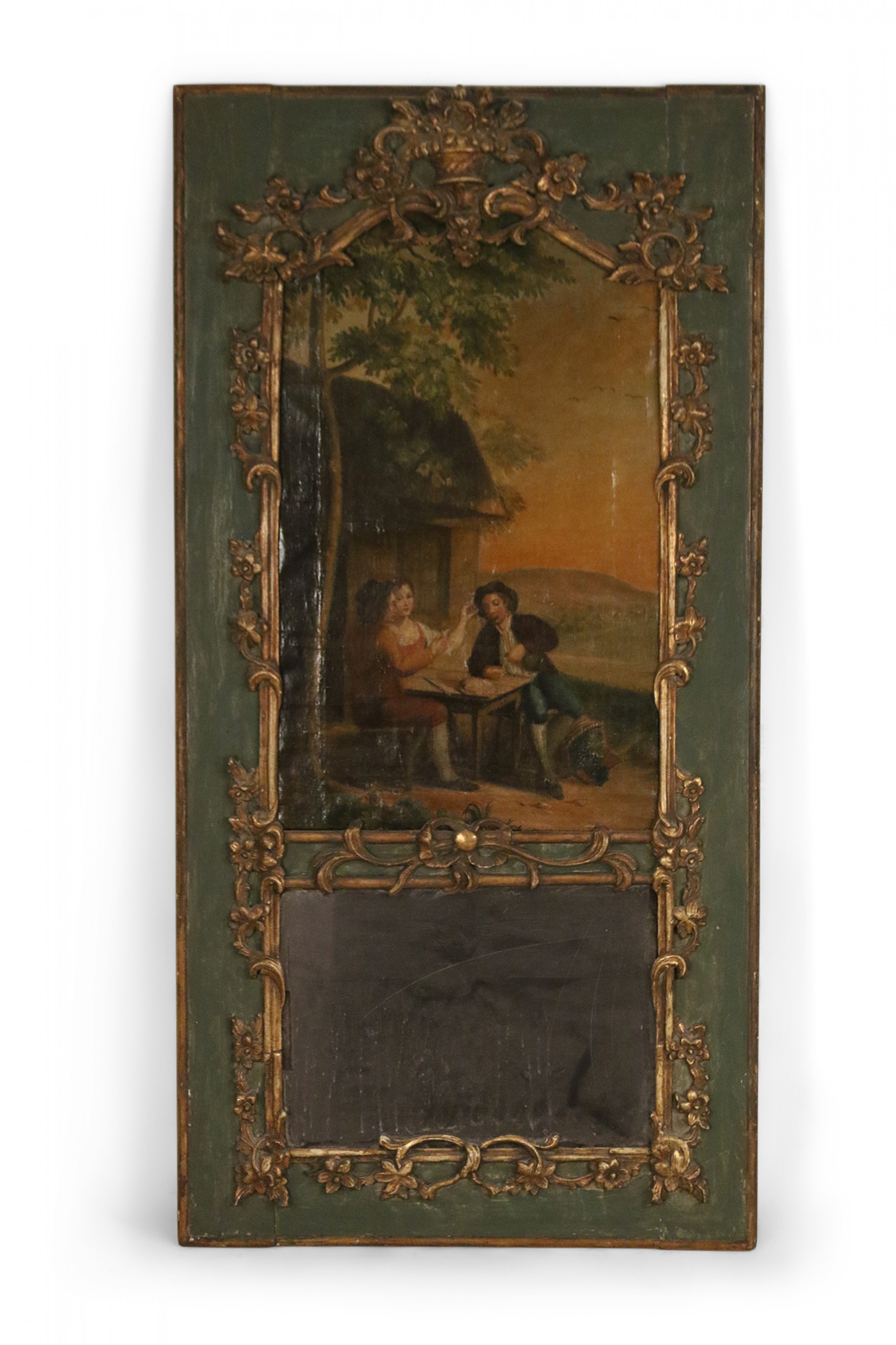 French Louis XV Gilt and Green Wood Pastoral Scene Trumeau Wall Mirror
