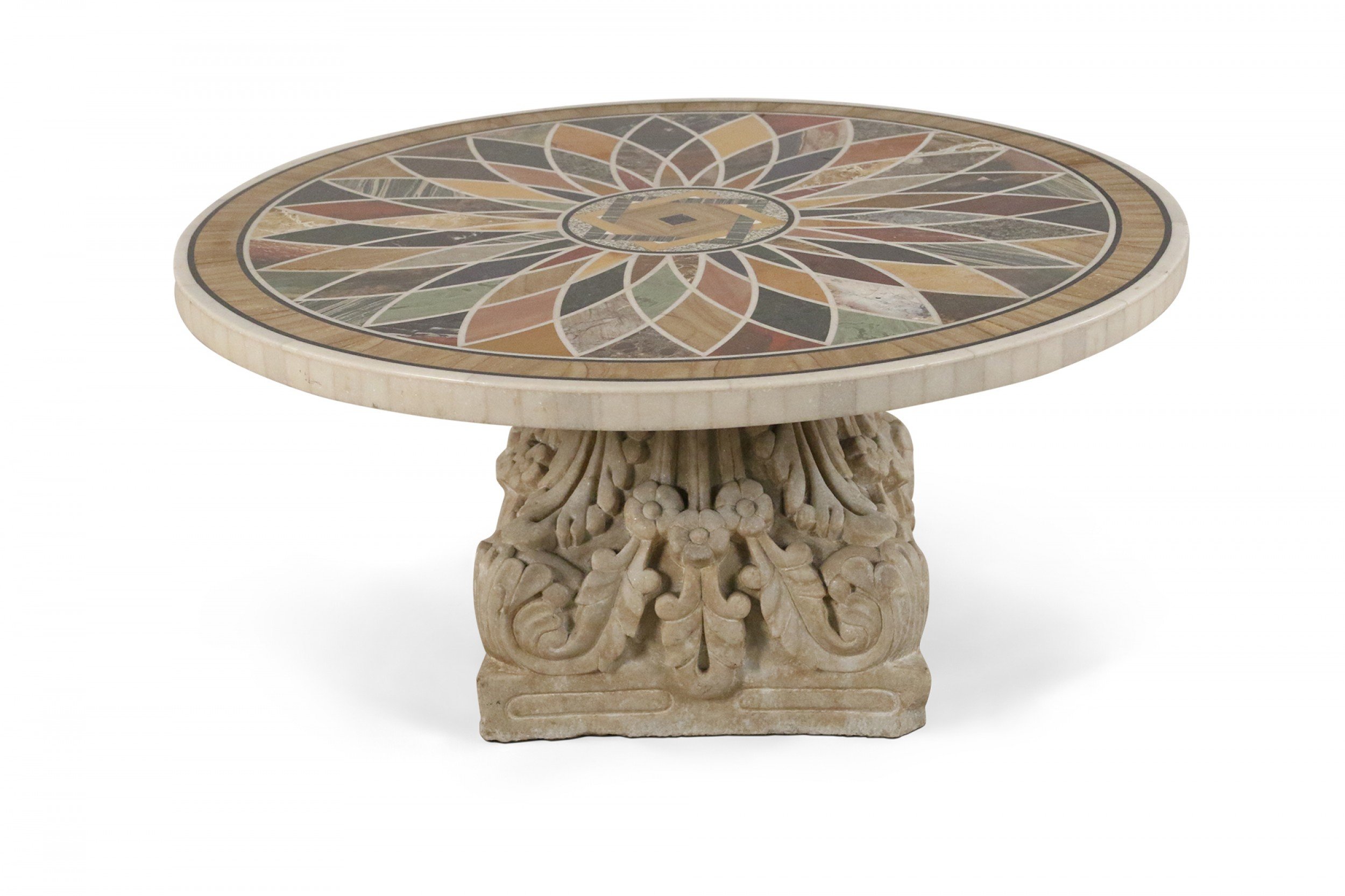 Italian Neo classic Marble Inlaid Top and Acantus Leaf Design Base Coffee Table