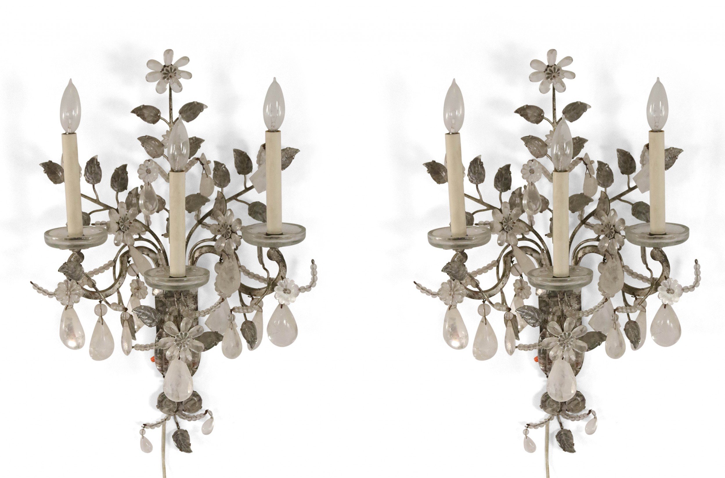 Pair of French Victorian Metal Leaf and Floral Crystal Wall Sconces