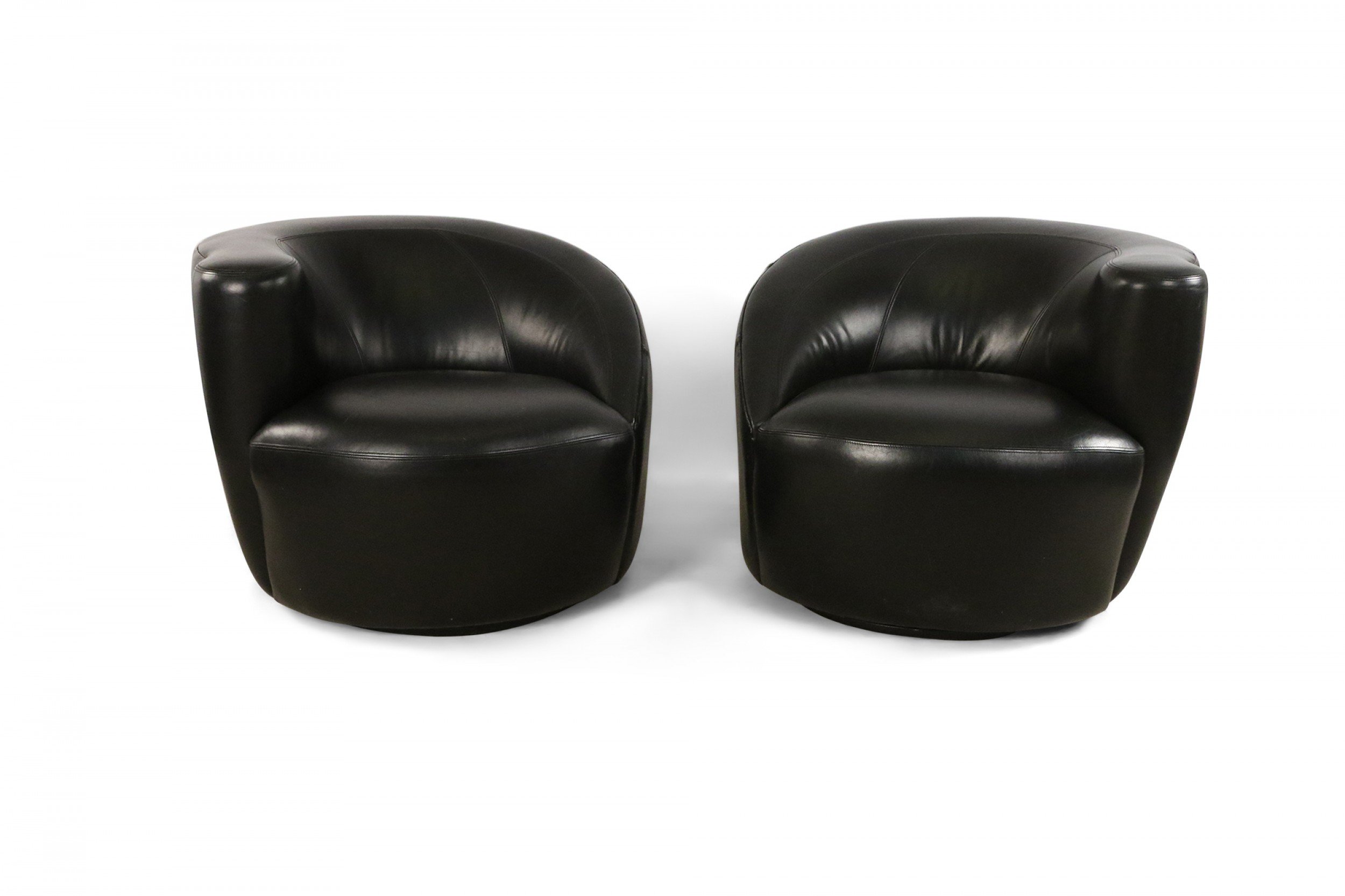 Pair of Mid Century Black Leather Nautilus Swivel Armchairs