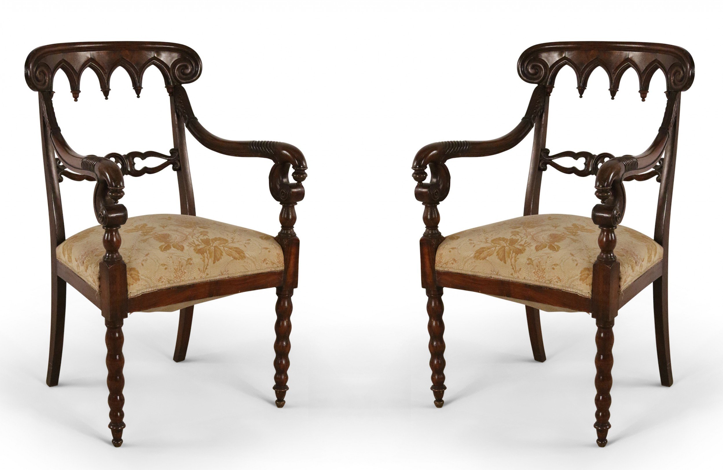 Pair of English Gothic Style Mahogany and Gold Damask Armchairs